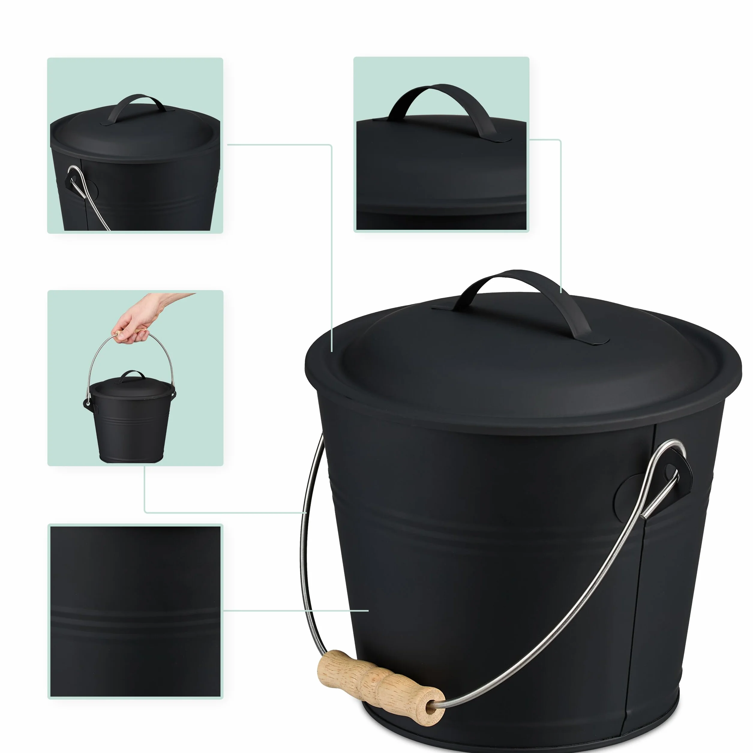 Relaxdays Cubo para Cenizas con Tapa y Set, 4,5 L, Incluye Cepillo y Recogedor, Contenedor de Carbón con Asa, Negro