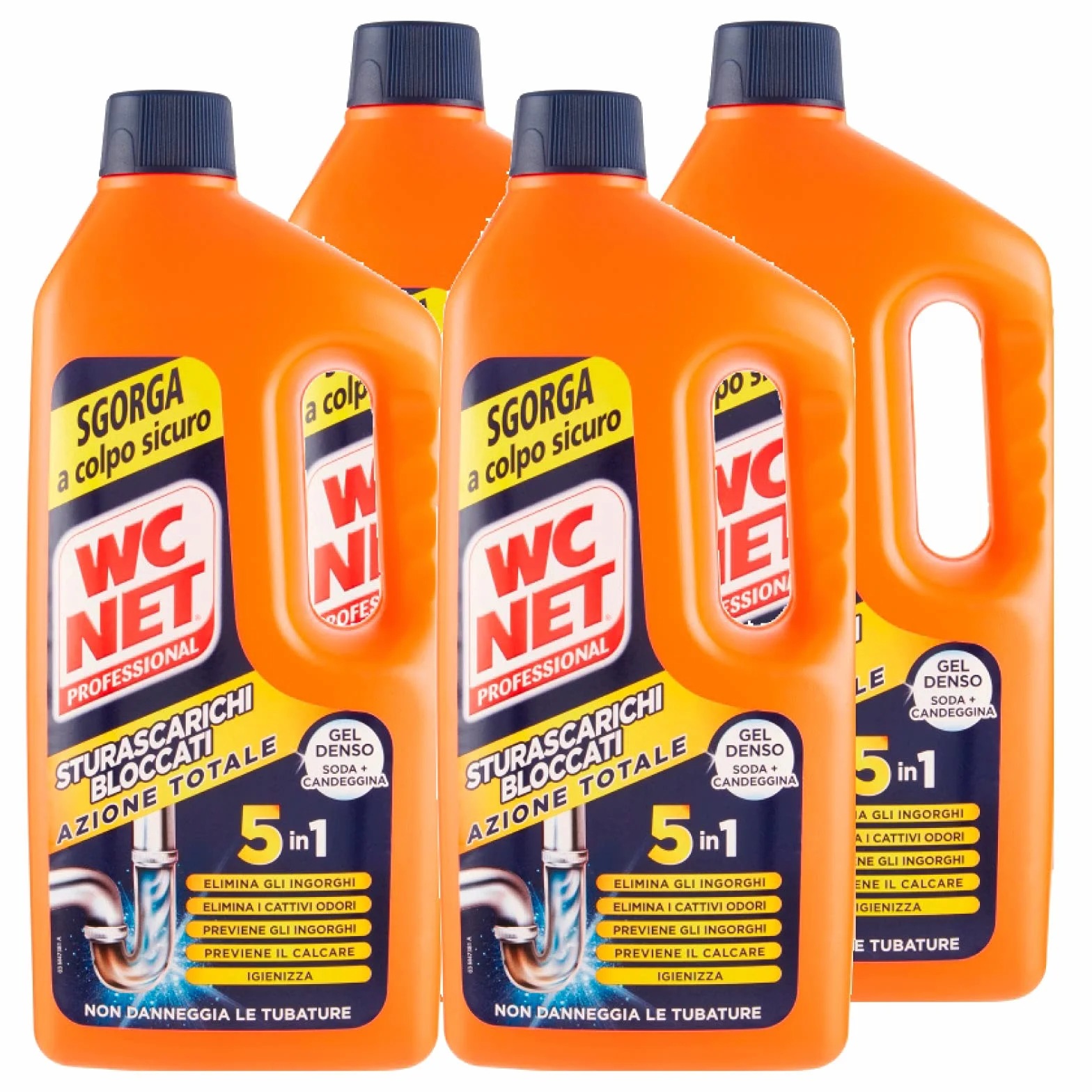Wc Net Professional – Desatascador 5 acciones en 1, desatascador de tuberías y antical, 1000 ml x 4 paquetes