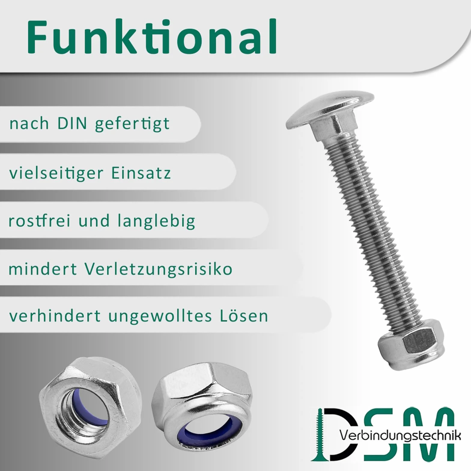 DSM – Tornillos de cierre M5 x 90 mm según DIN 603 – Tuerca de seguridad M5 DIN 985 – Acero inoxidable A2/V2A – Tornillos de cabeza plana redonda con cuello cuadrado – Tuercas de seguridad