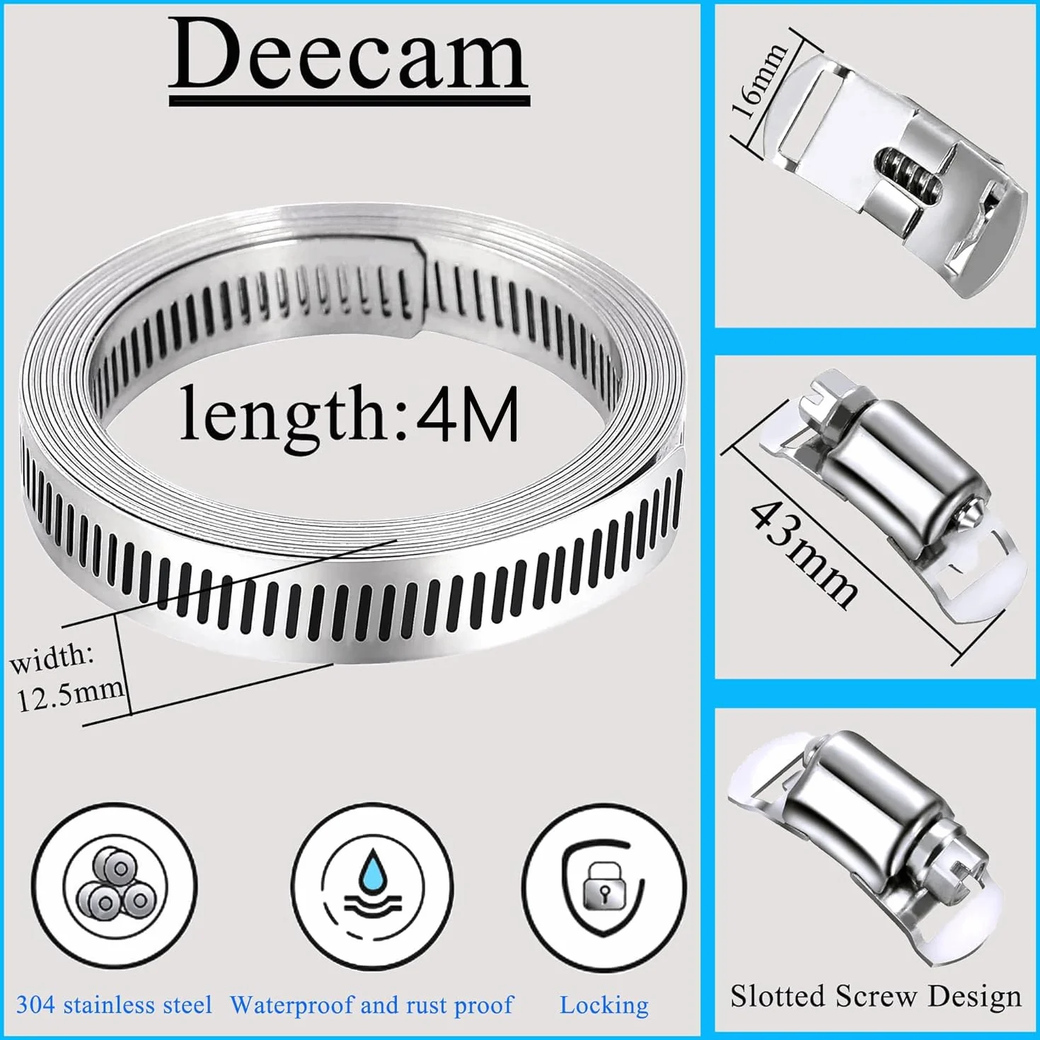 Deecam Abrazaderas Metalicas para Tubos 4M, Abrazaderas Acero Inoxidable con 12 Cierres, Adecuado para Tuberías de Gas Doméstico, Tuberías de Agua, Tuberías de Automóviles, etc.