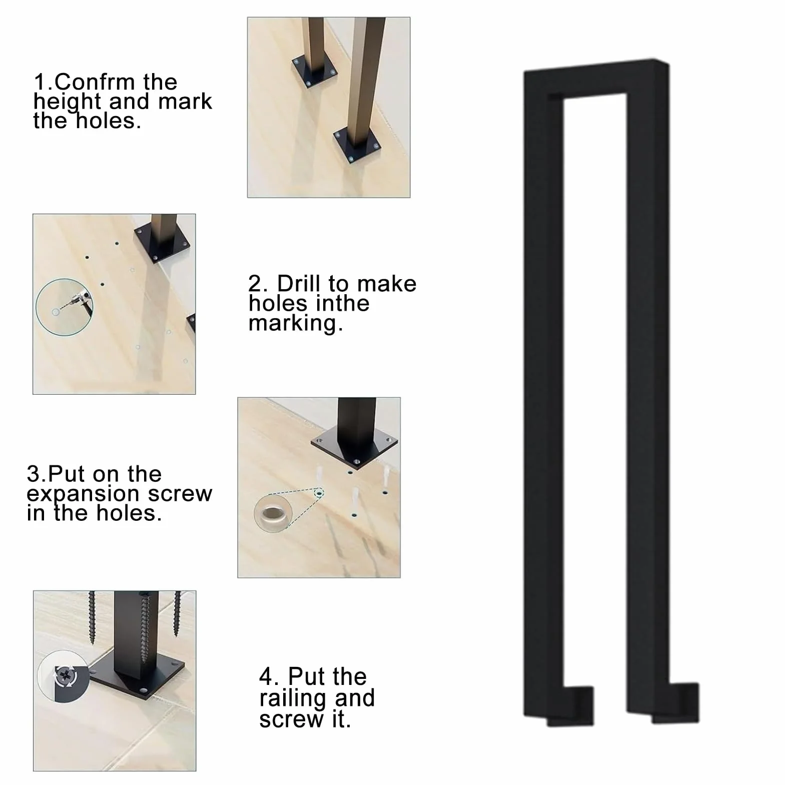 Barandilla Escalera Metal, Pasamanos Escalera Interior Exterior en Forma de U, Barandillas Escaleras U con Juego de Tornillos, para Villa ático Porche Pasillo Balcón (95cm, Negro-Lateral)