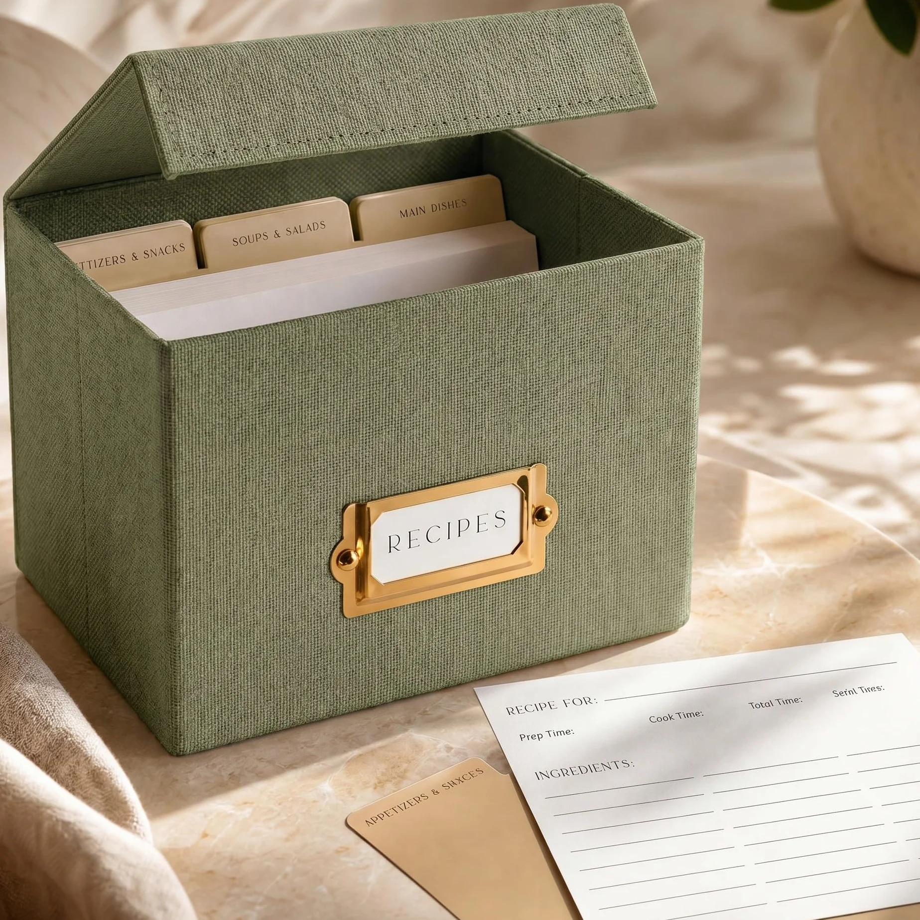 ZICOTO Caja de recetas de lino para tarjetas 4x6 pulgadas, organiza hasta 250 recetas