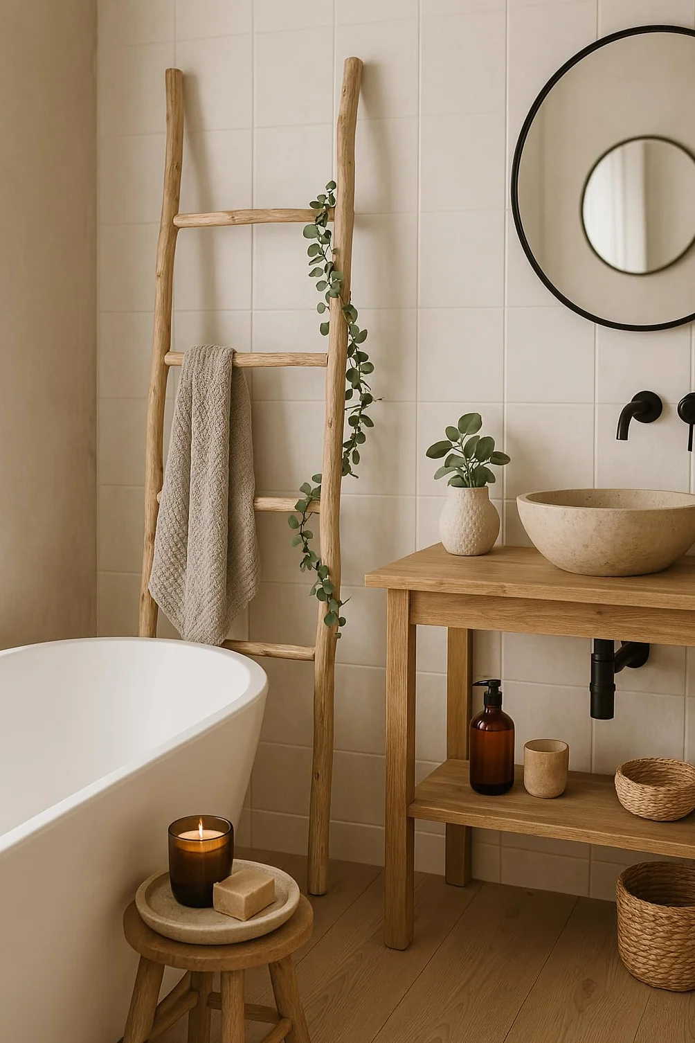 Biscottini Escalera toallero baño 148 x 36 x 3 – Escalera decorativa de madera – Toallero de bambú