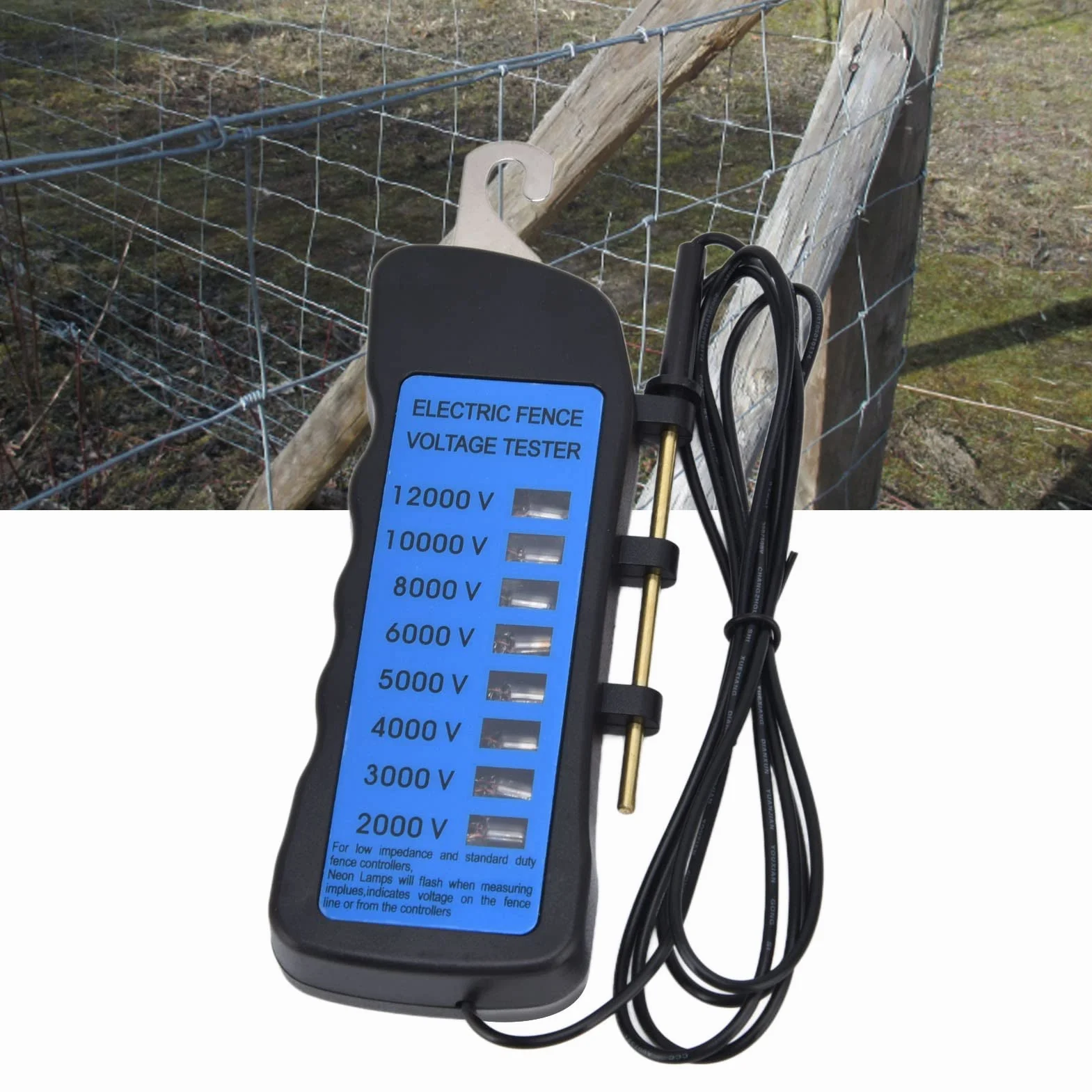Comprobador de Corriente para Cercas Eléctricas 12KV 2000-12000V, 8 Luces Neon Impermeable para Granjas (ABS, Sin Batería)