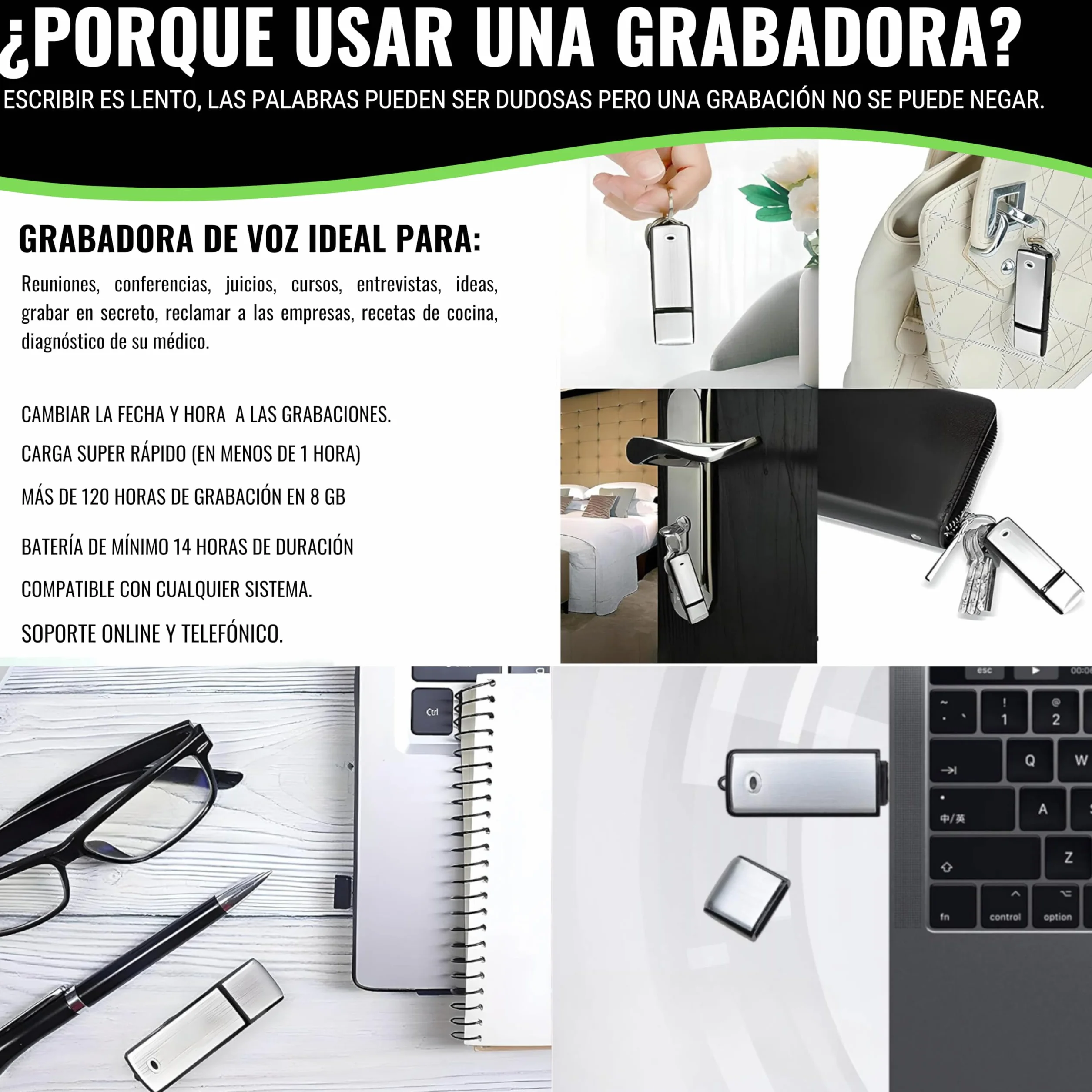Grabadora de Voz Digital USB 8 GB Mini Espía para Reuniones Entrevistas Conferencias