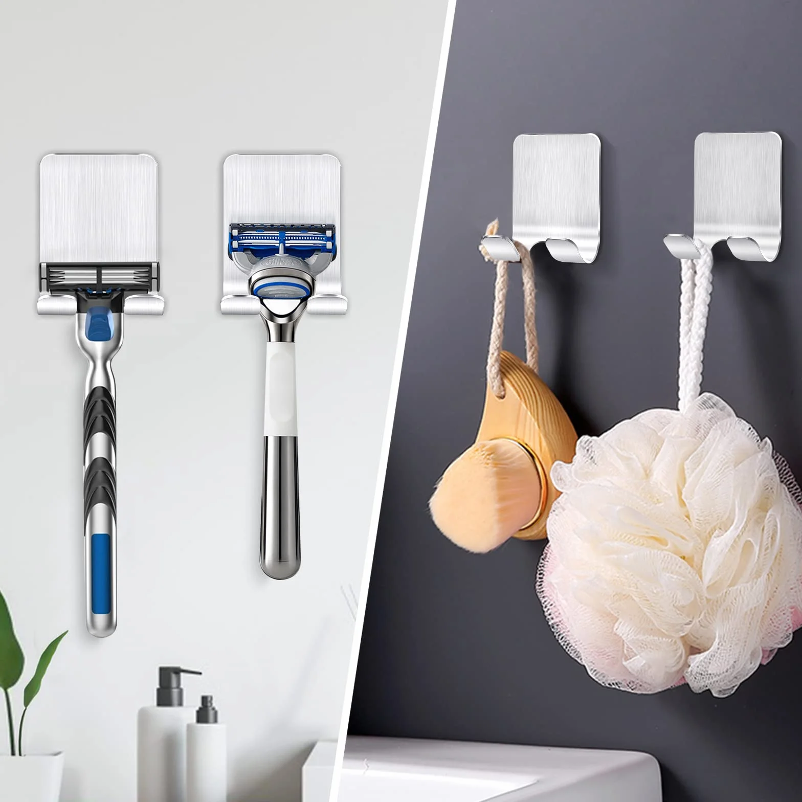 Bolatus 2 unidades de soporte para afeitadora de ducha, gancho autoadhesivo, soporte de afeitado para ducha, acero inoxidable, gancho para toalla, gancho para toallas sin taladrar, ganchos de pared