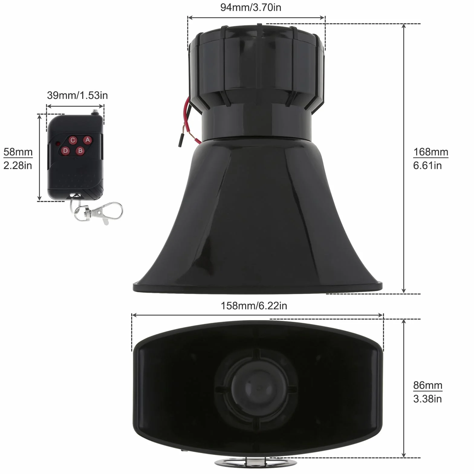 Sirena de coche con 7 sonidos: bocina, alarma tipo incendio, ambulancia, circulación, policía, con mando a distancia negro, 12 V 100 W (2 x mando a distancia)