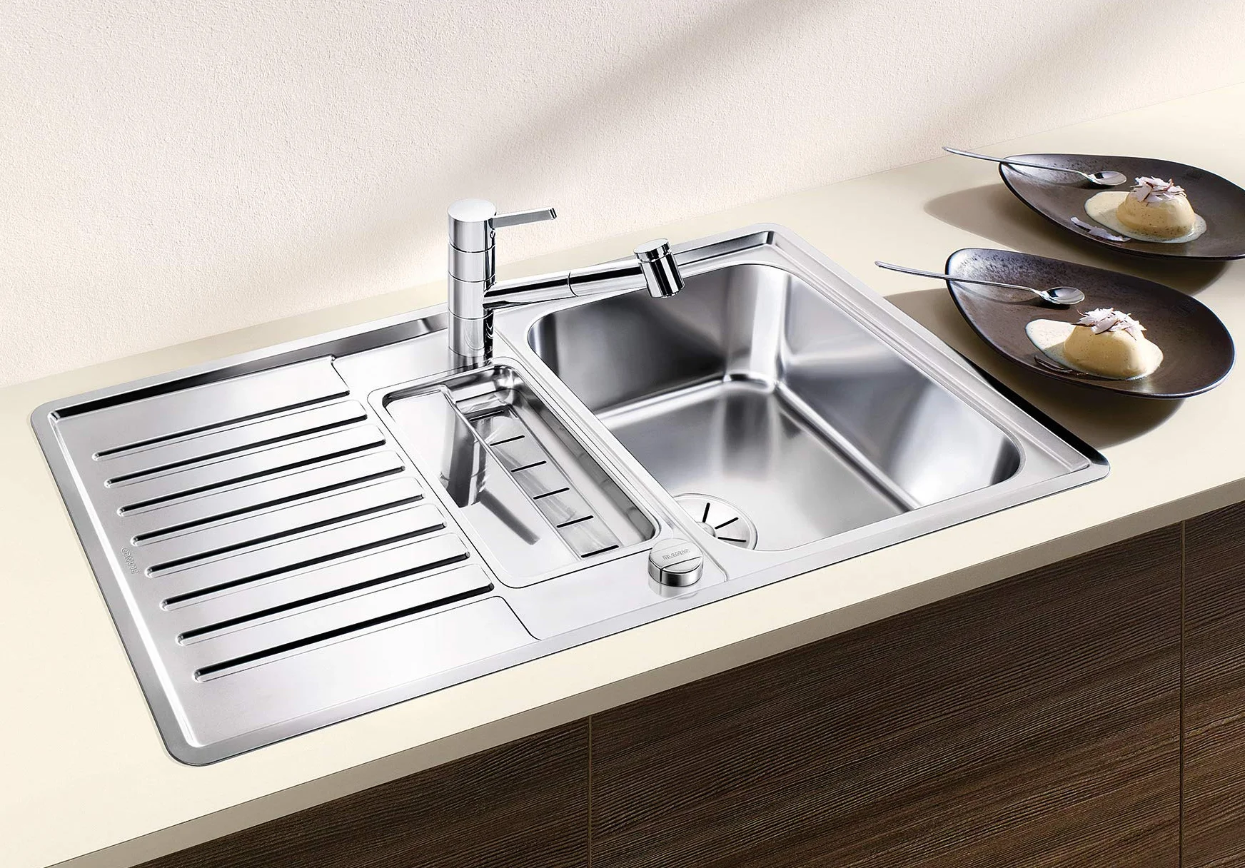 BLANCO CLASSIC PRO 5 S-IF 523663 Grifería de cocina con control a distancia de drenaje, bandeja reversible, mueble de baño de 50 cm, acabado satinado de acero inoxidable
