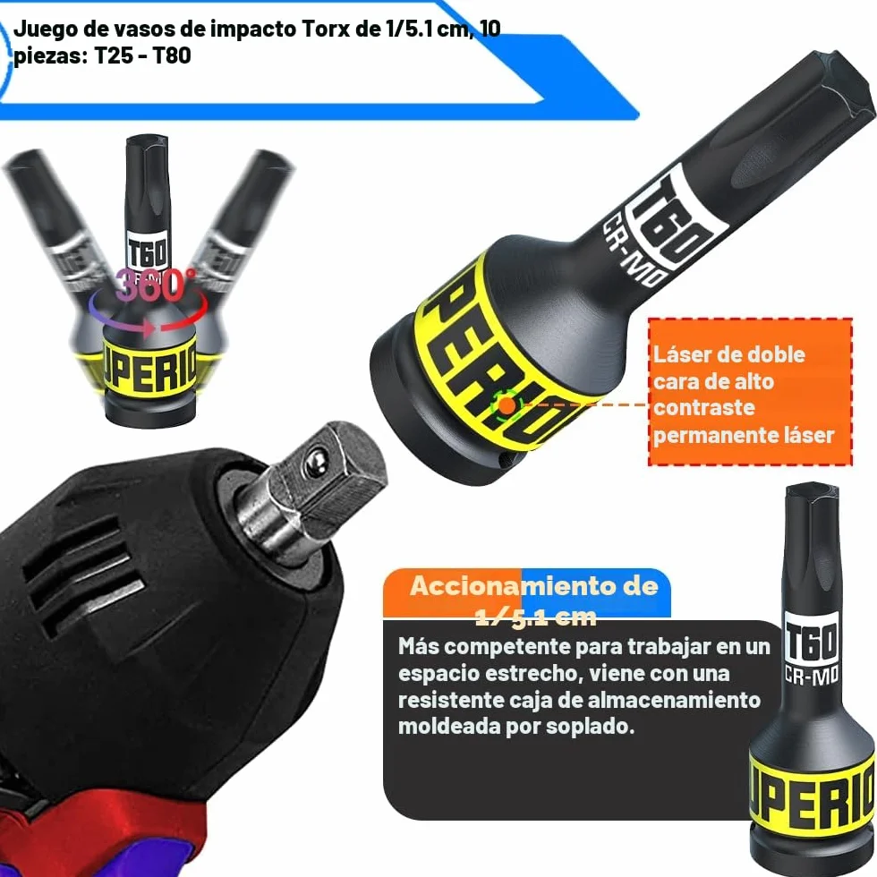 Juego de 10 Llaves de Vaso Torx 1/2", T25-80, Acero CR-MO, Juegos de Vasos Con Punta de Estrella Torx, Para Reparación de Automóviles, Mantenimiento Mecánico