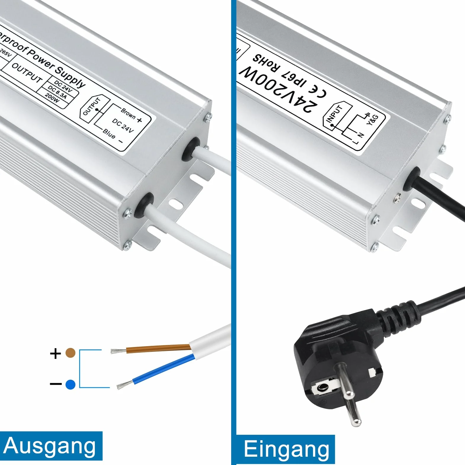 inShareplus Transformador LED de 24 V, 8,33 A, 200 W, IP67, resistente al agua, controlador para exteriores, CA 170-265 V a CC 24 V, transformador de bajo voltaje, fuente de alimentación de 24 V para