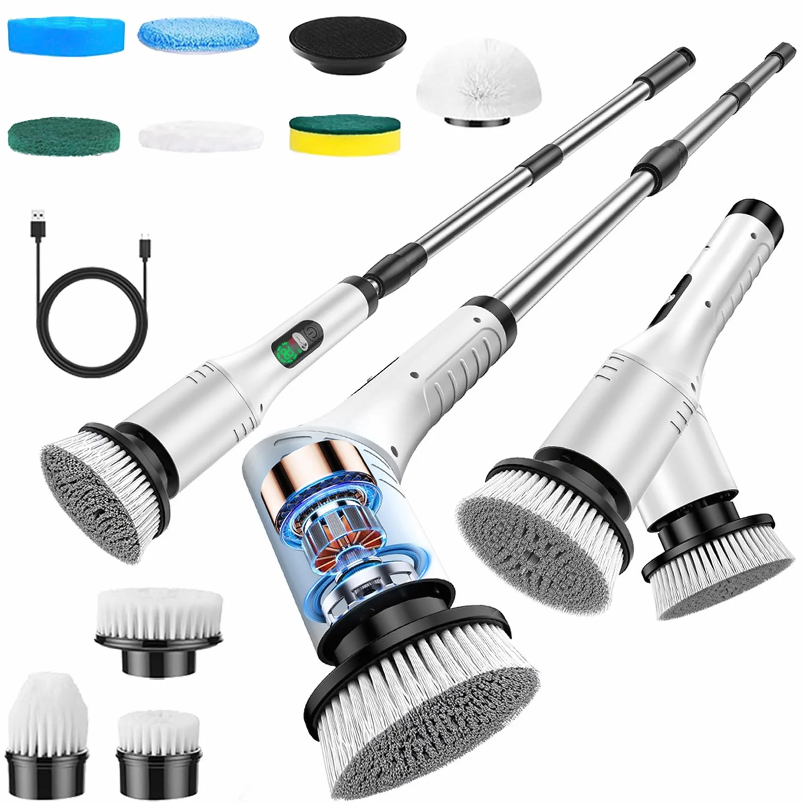 Cepillo Electrico Limpieza Hogar, Cepillo Limpieza Electrico con 9 Cabezales Reemplazables Mango Telescópico Ajustable para Hogar, Baño, Suelos, Cocina, Azulejos