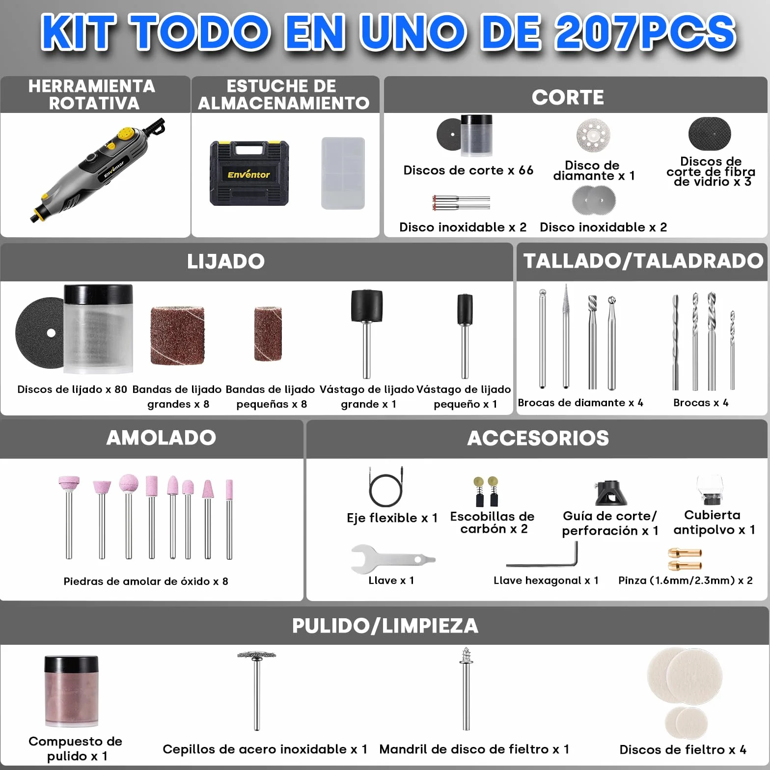Enventor Mini Amoladora Eléctrica 130W con 206 Accesorios, Mini Herramienta Rotativa Multifunción con 6 Velocidades Ajustables, 10000-35000RPM, para Grabar, Aamolar, Pulir, Taladrar