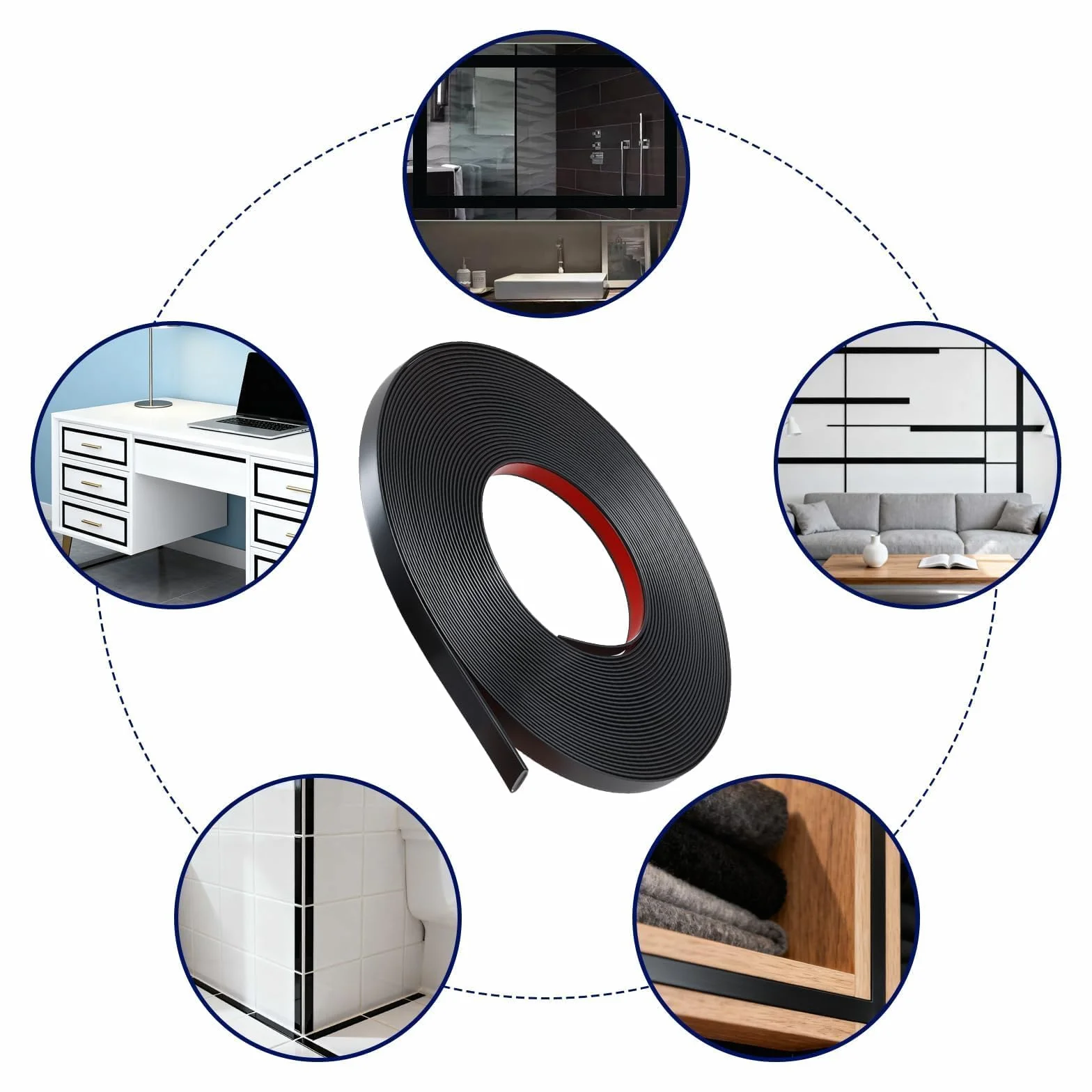 Molduras de Pared Autoadhesivas PVC Flexible 7 m x 1 cm Negro para Decoración de Espejos Ventanas
