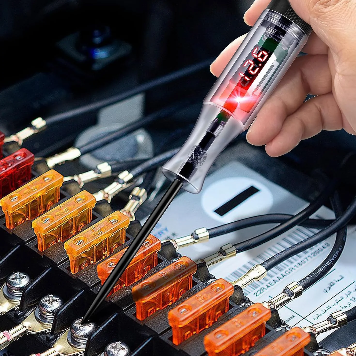 Greluma 1 Pieza Probador de circuito automotriz de 3-48V con voltímetro,luz de prueba de pantalla de retroiluminación LED resistente,probador de voltaje de DC bidireccional