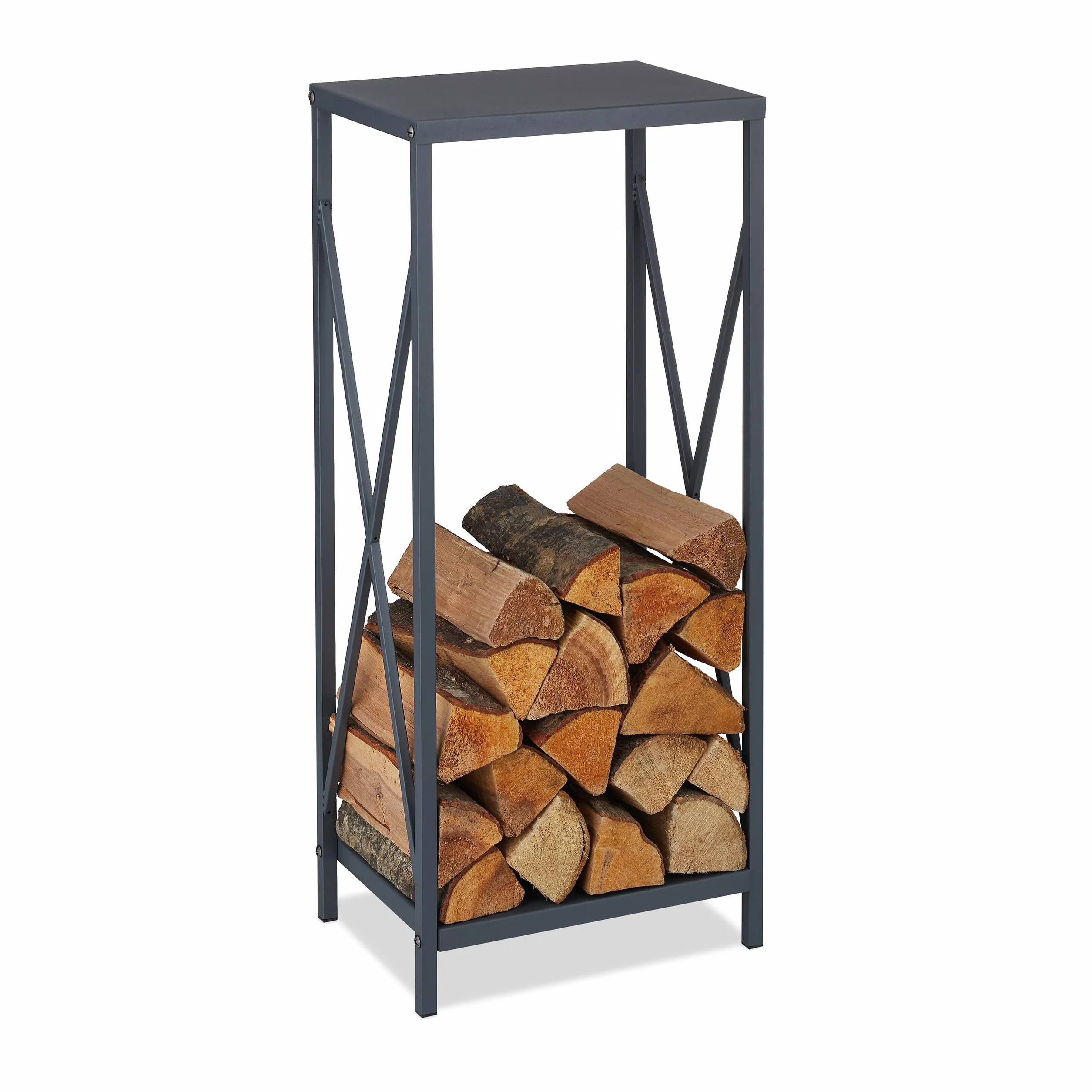 Relaxdays Leñero Vertical, Soporte Leña Metal, 80,5 x 34 x 25cm, Bandeja Leños Acero, Accesorio Chimenea, Interior, Gris