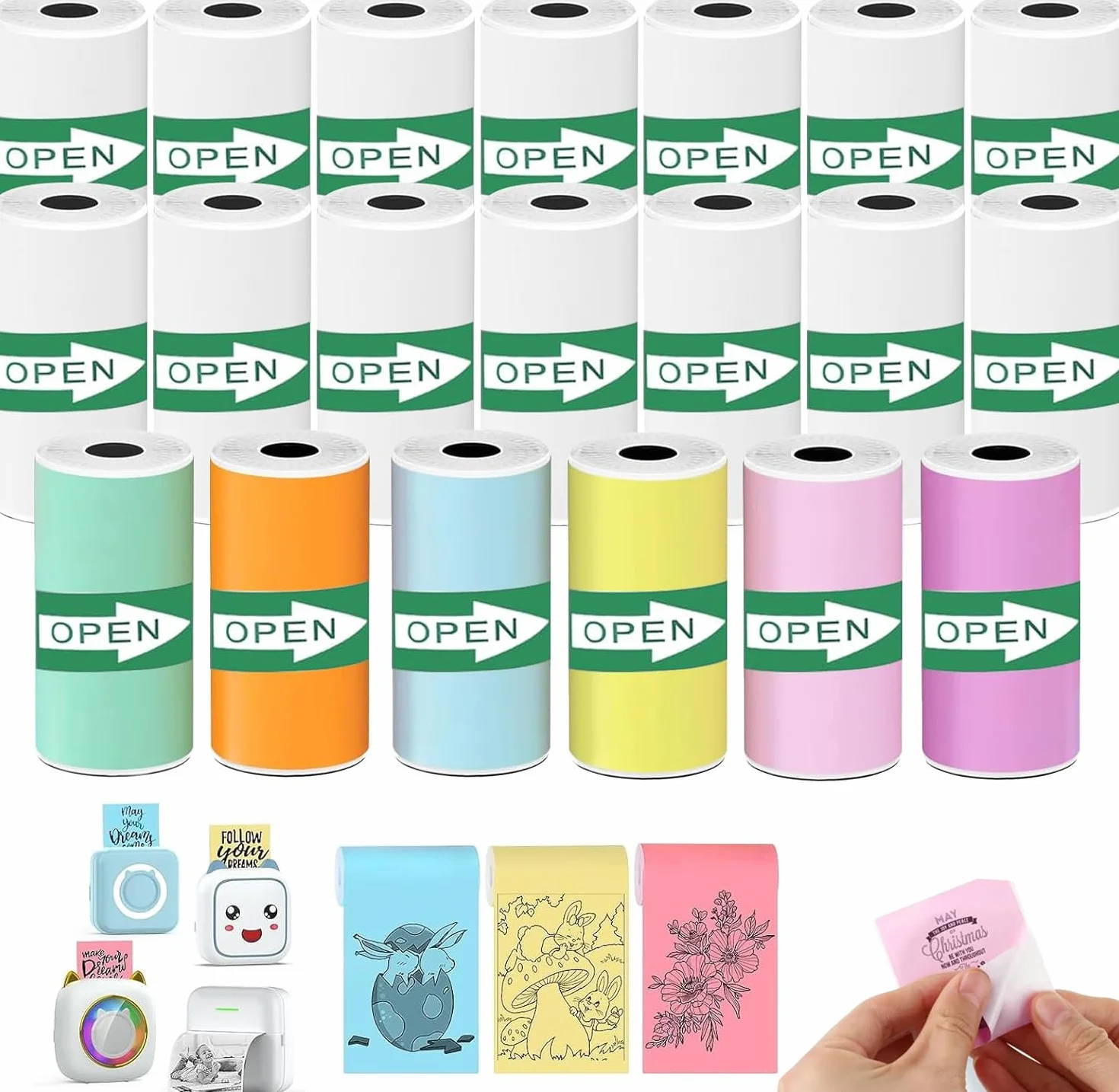 20 Rollos Papeles de Impresora Térmica, Mini Pegatina Imprimible Autoadhesiva, papel térmico para cámara infantil, Compatible Con Todas Las Mini Impresoras Térmicas (57 X 25 mm)