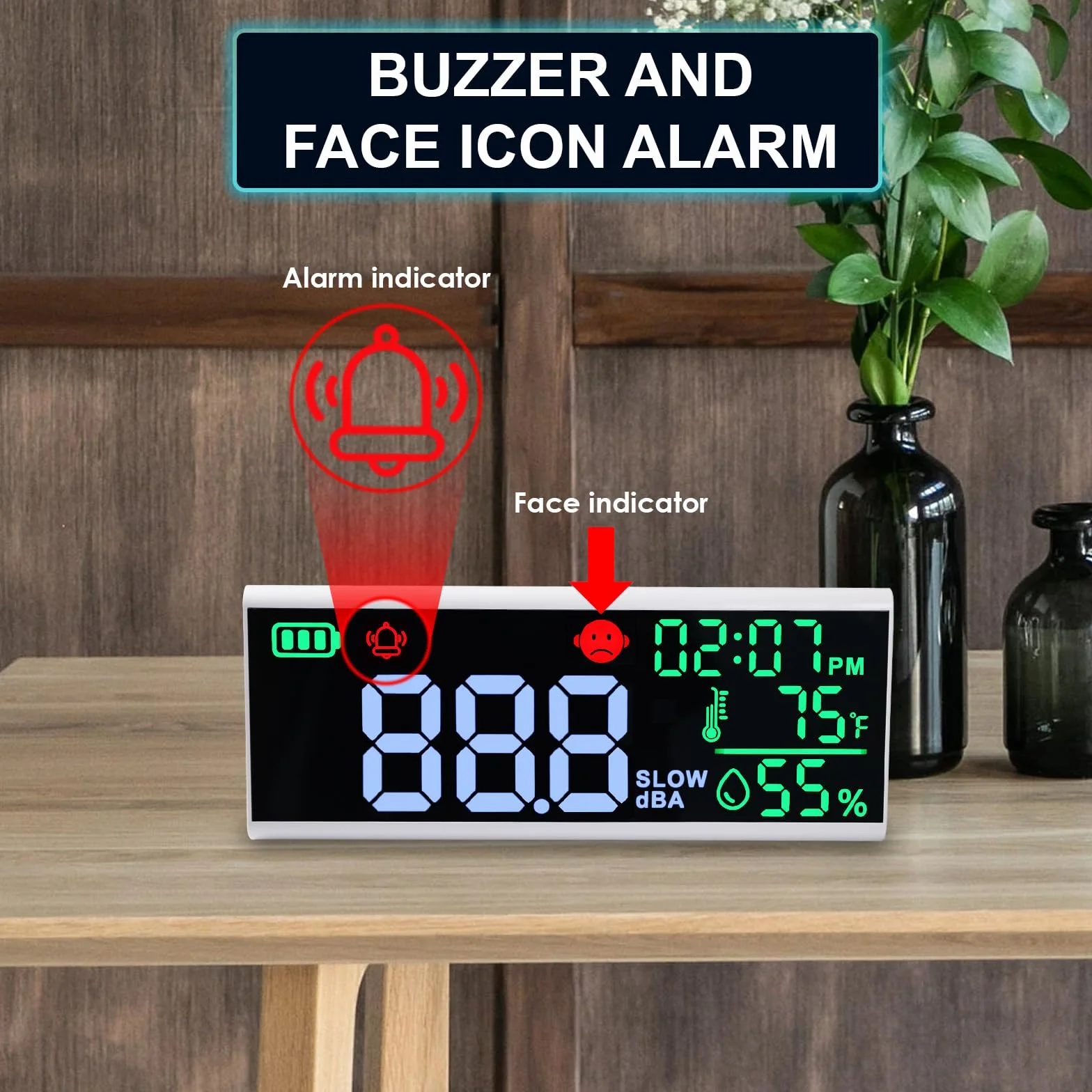Medidor de nivel de sonido montado en pared y escritorio con indicador de iconos de alarma de zumbador