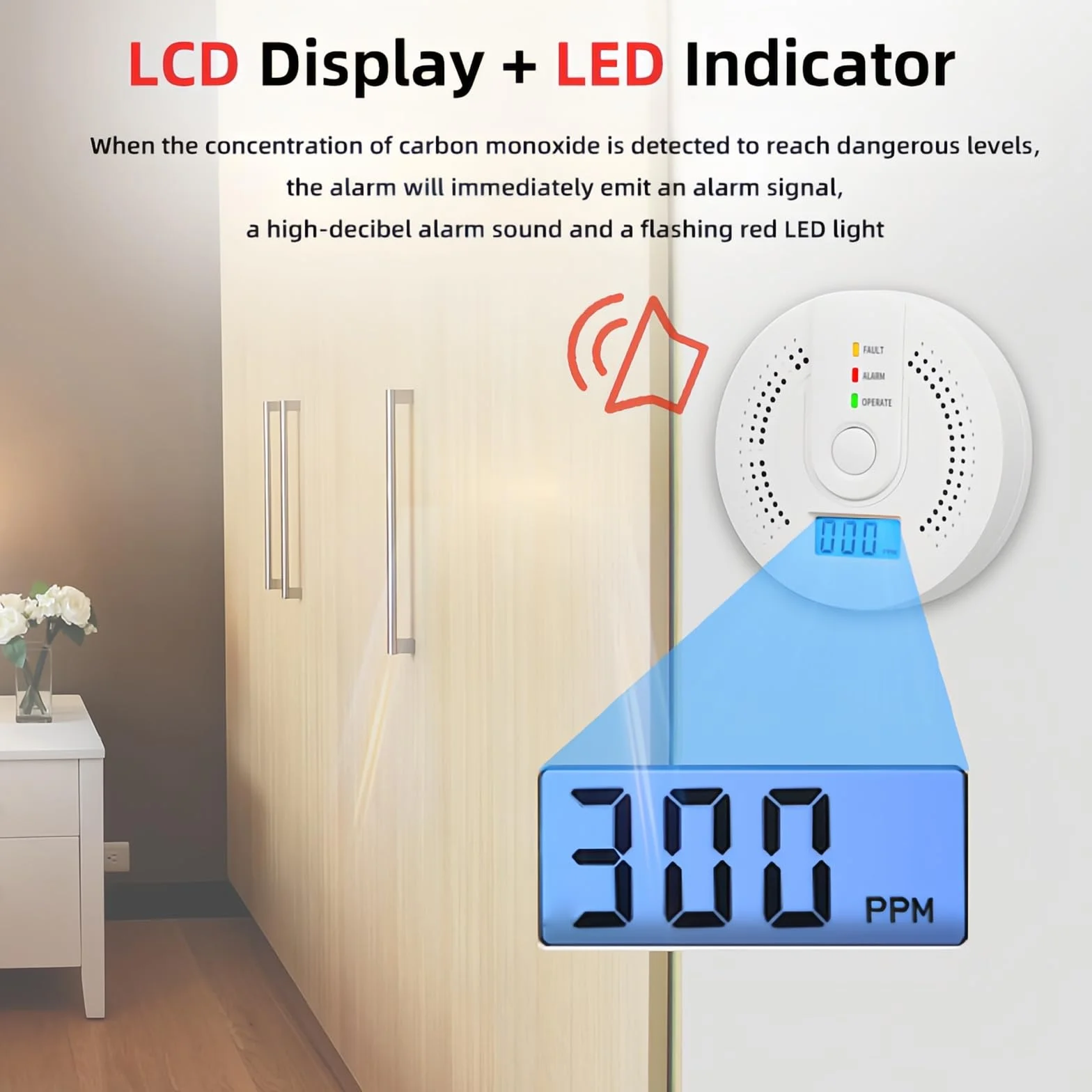 Detector MonóXido Carbono con Indicadores Led Luminosos y Audibles SeñAl de BateríA Baja Pantalla Digital BotóN Prueba para Viajes y Seguridad En El Hogar PortáTil