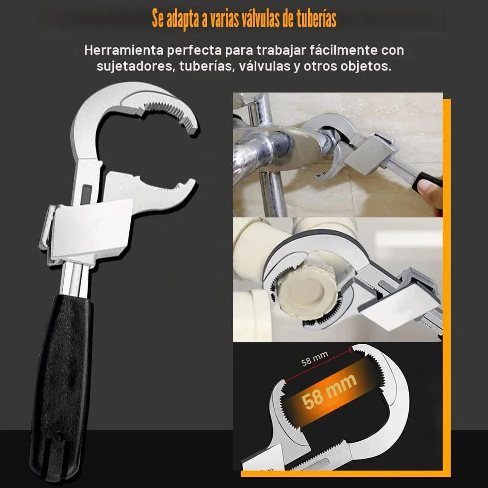 Llave universal ajustable de doble extremo, llave de doble boca ajustable multifunción con 3 cabezales de repuesto, juego de herramientas de reparación para grifo, baño, cocina