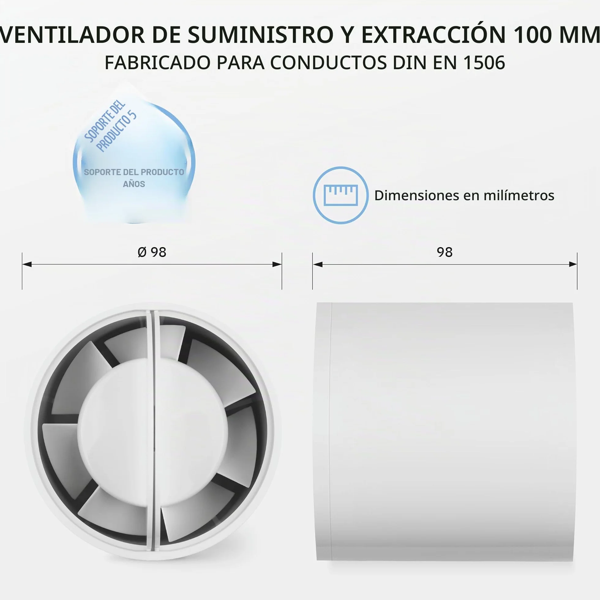 Inline 100mm - Extractor de Ventilador de Conducto Silencioso en Línea 130 m³/h, 32 dB, 12 W