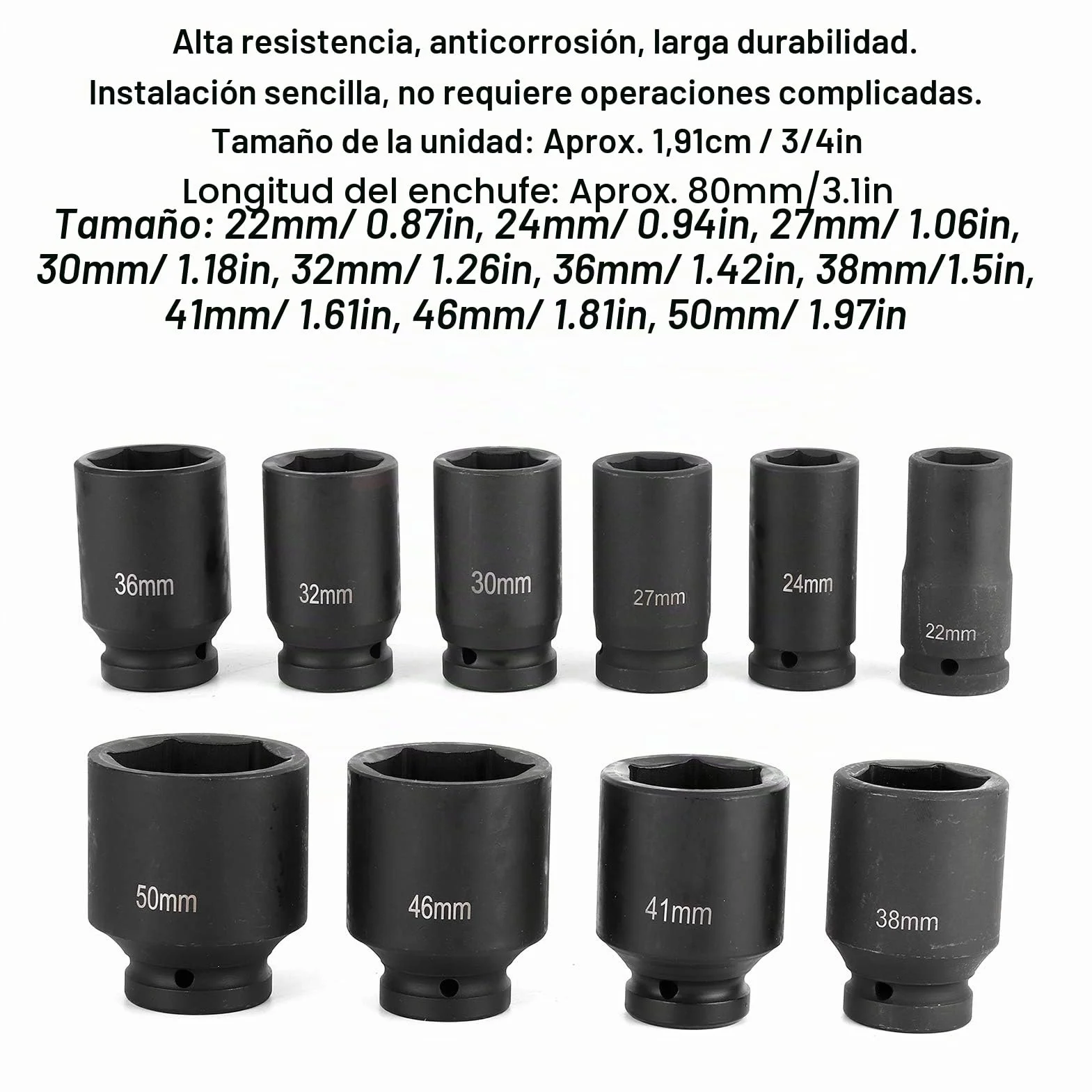 Dioche Juego de Llavero, 10 Piezas, Llaves de Impacto, de 3/4 pulgadas, Hexagonales, Port├ítil, 22-50 mm