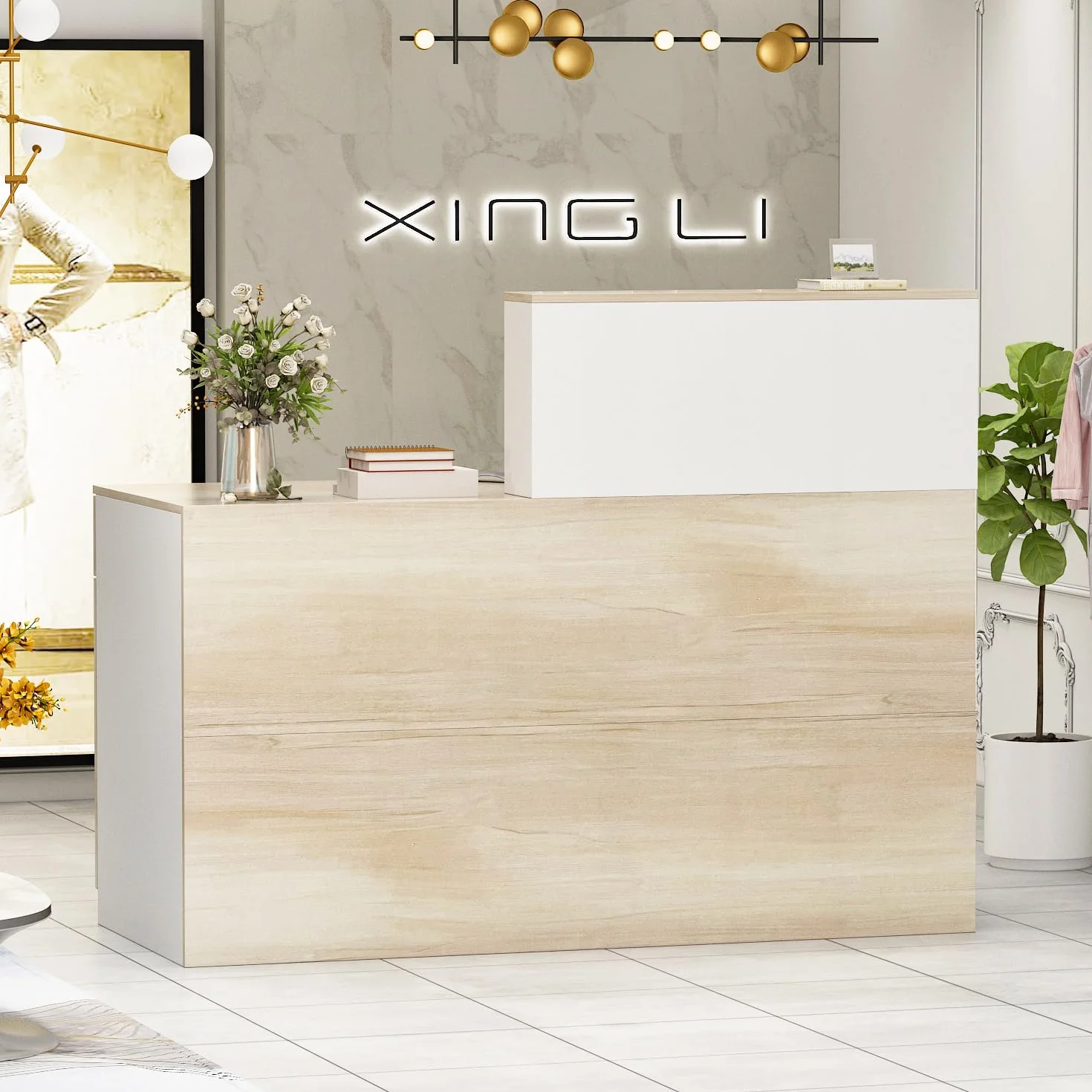 Mesa de recepción con compartimentos abiertos, 1 cajón y 1 armario, color madera y blanco, 140x60
