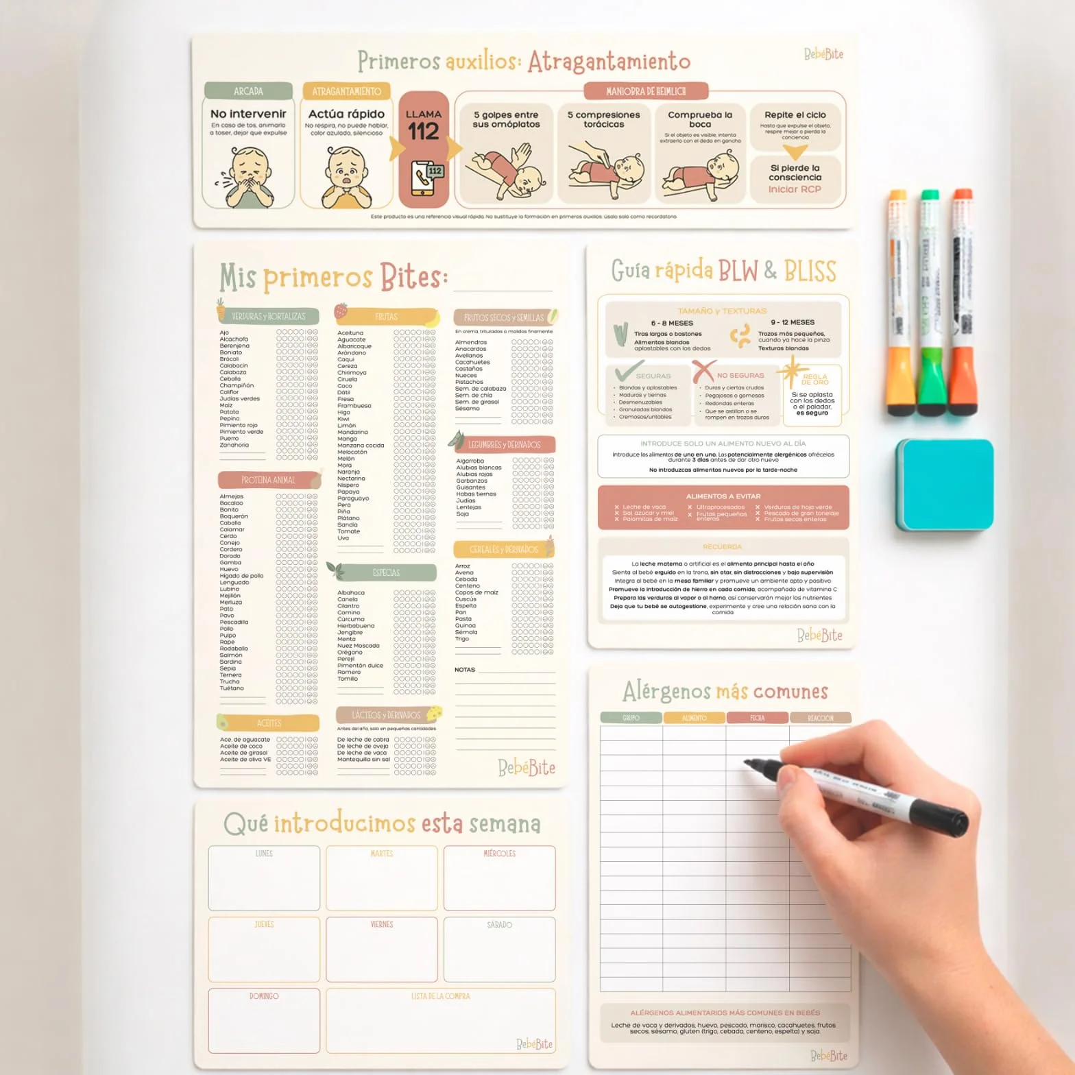 Bebébite Set de 5 Pizarras Magnéticas para Nevera Alimentación Complementaria BLW en Español