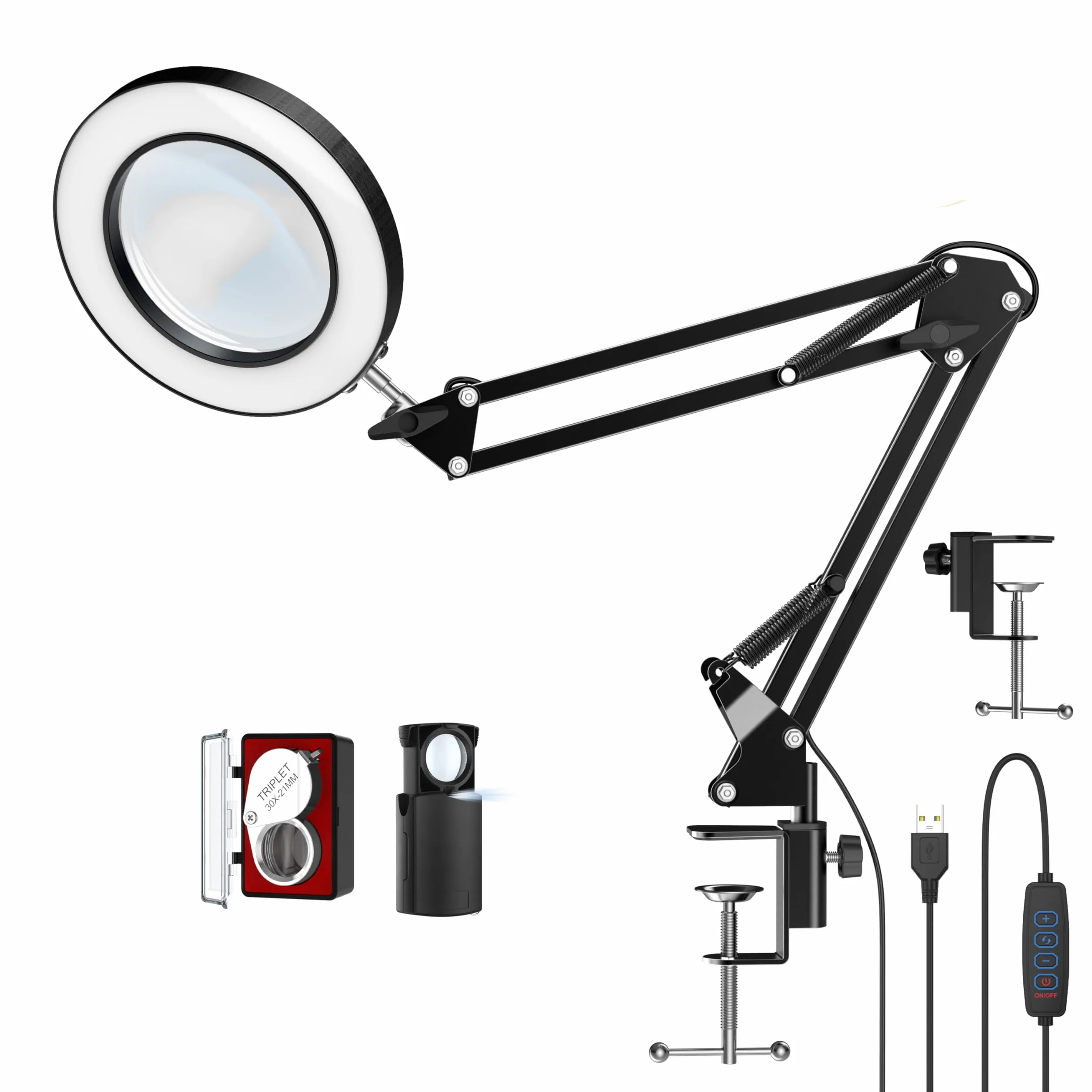 Lámpara de escritorio con lupa LED de 10 aumentos con abrazadera, lupa manos libres con 72 luces LED, 3 modos de color regulables, incluye dos lupas de joyería de 30 x 45 aumentos para trabajos