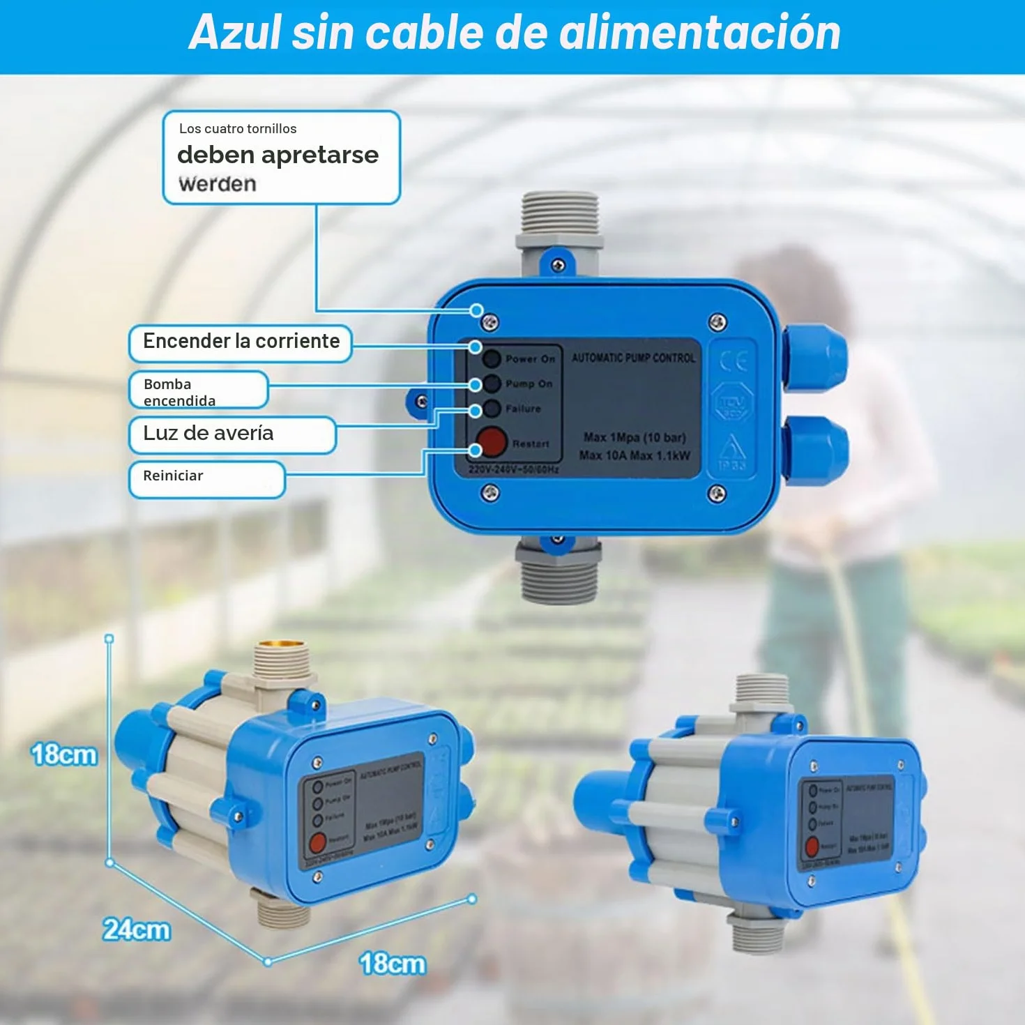 Control electrónico de la bomba 1100 W 4800 l/h - Presostato para agua - Controlador de presión de 10 bar - Interruptor de presión IP65 para bombas de agua - Supervisa el flujo de agua (1,5