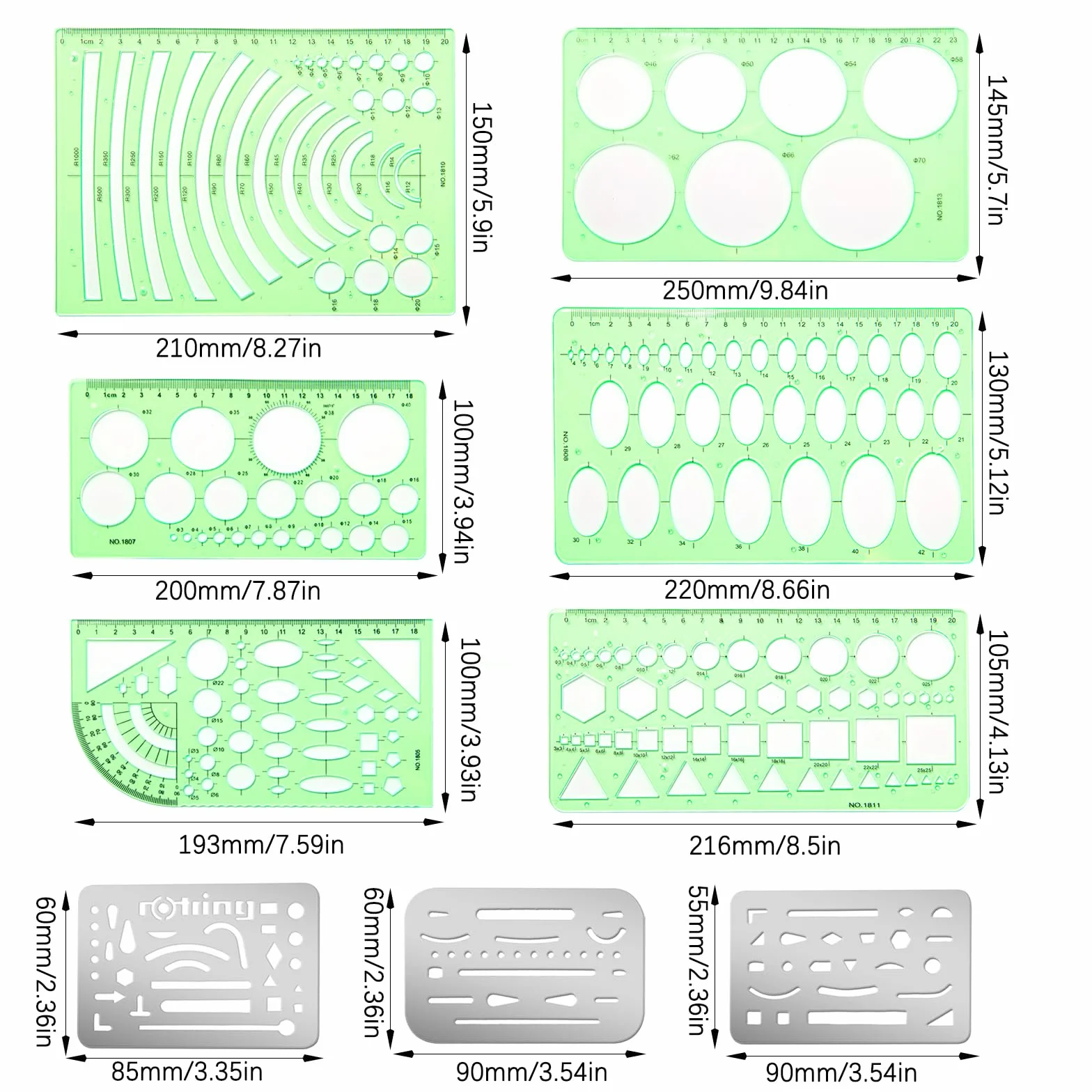 Plantillas Reglas Geométricas de Acero Inoxidable 9 Piezas Plantillas de Dibujo Medición Plástico Verde para Escuela Oficina