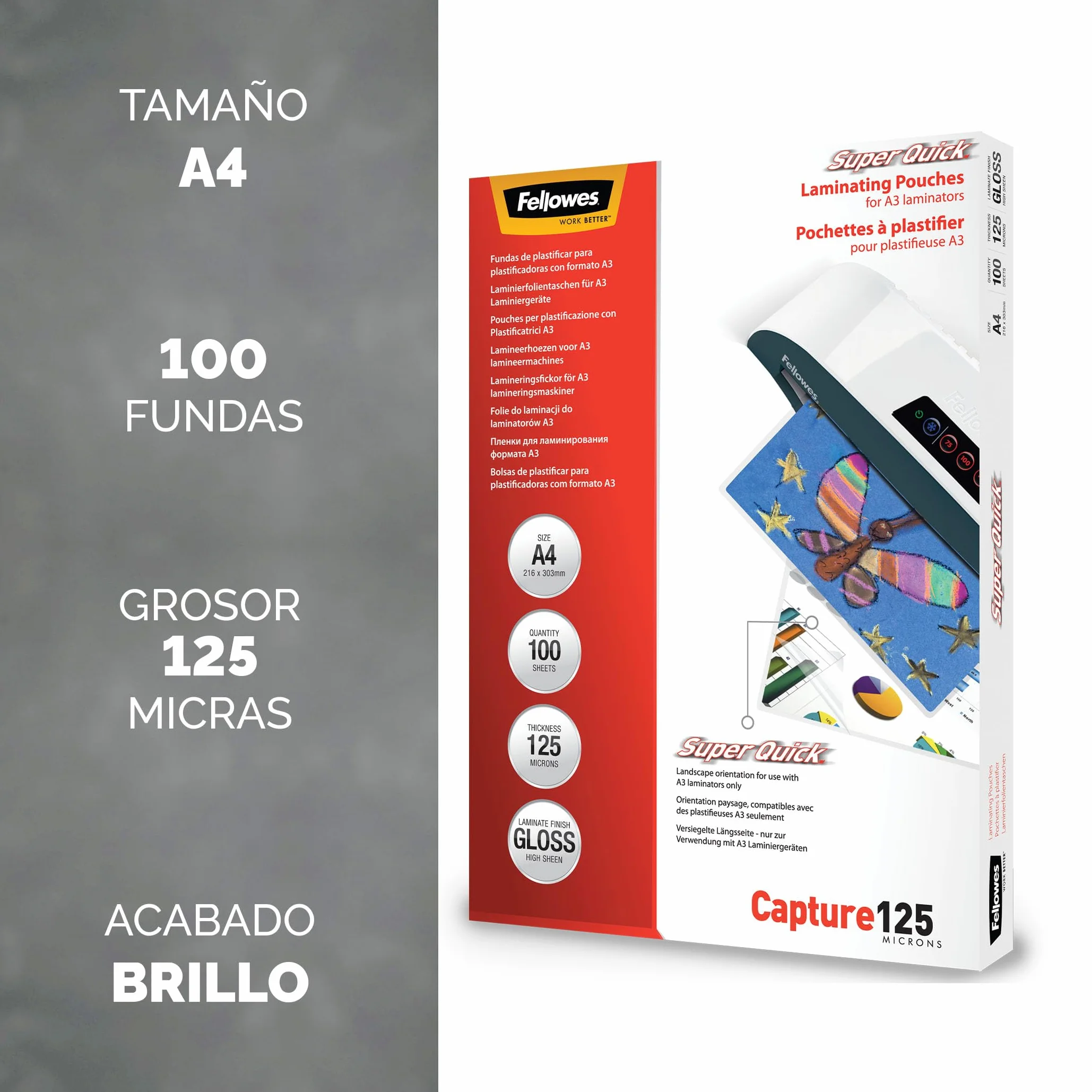 Fellowes 100 fundas de plastificar A4 125 micras Brillo Alta Velocidad Plata