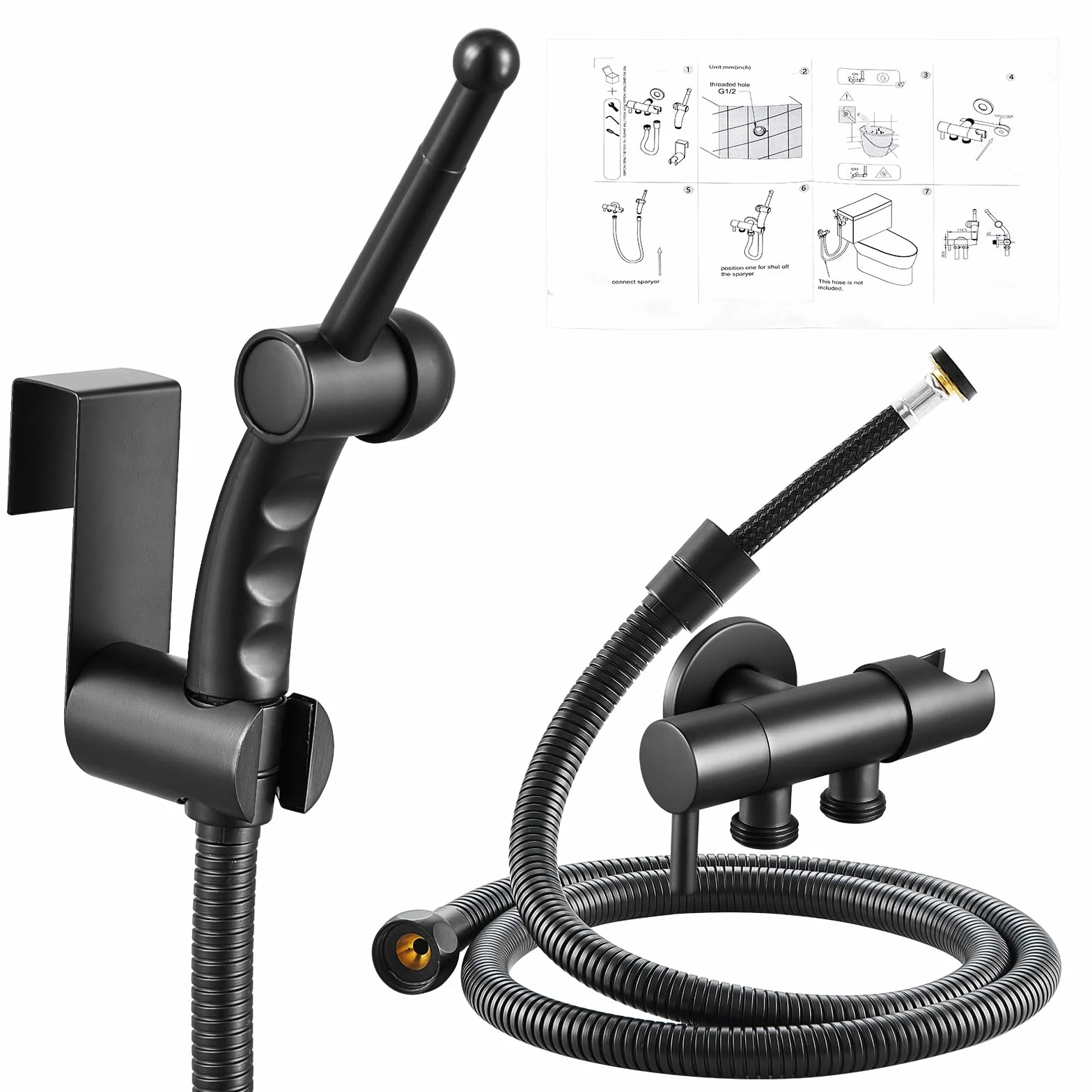 CREA Ducha Bidet para WC,Grifo Bidet Negro,Pulverizador Ducha Higiénica para Baño, Grifo para el váter con ducha de mano, Juego Ducha Higienica para WC de Mano, Negro Mate | Con ducha de mano con manguera flexible de 1,2 m y soporte, juego de ducha de bid