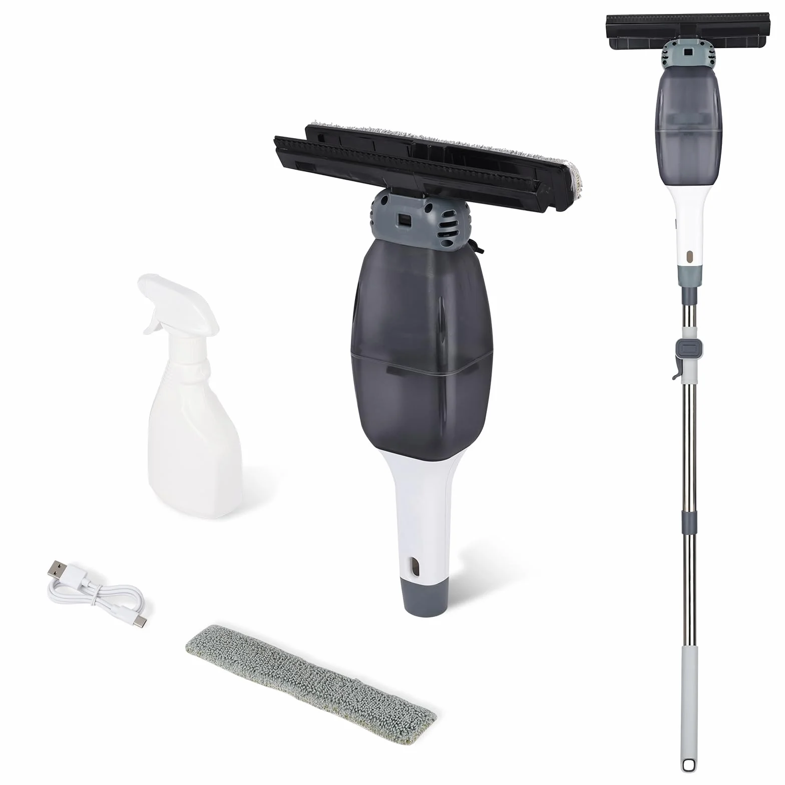 Limpiacristales Eléctrico con Palo Telescópico 40–130 cm, Limpia Cristales Eléctrico Ventanas sin Cables, Carga USB,Cabezal 24 cm, Depósito 100 ml, Limpiador Cristales para Hogar y Baño