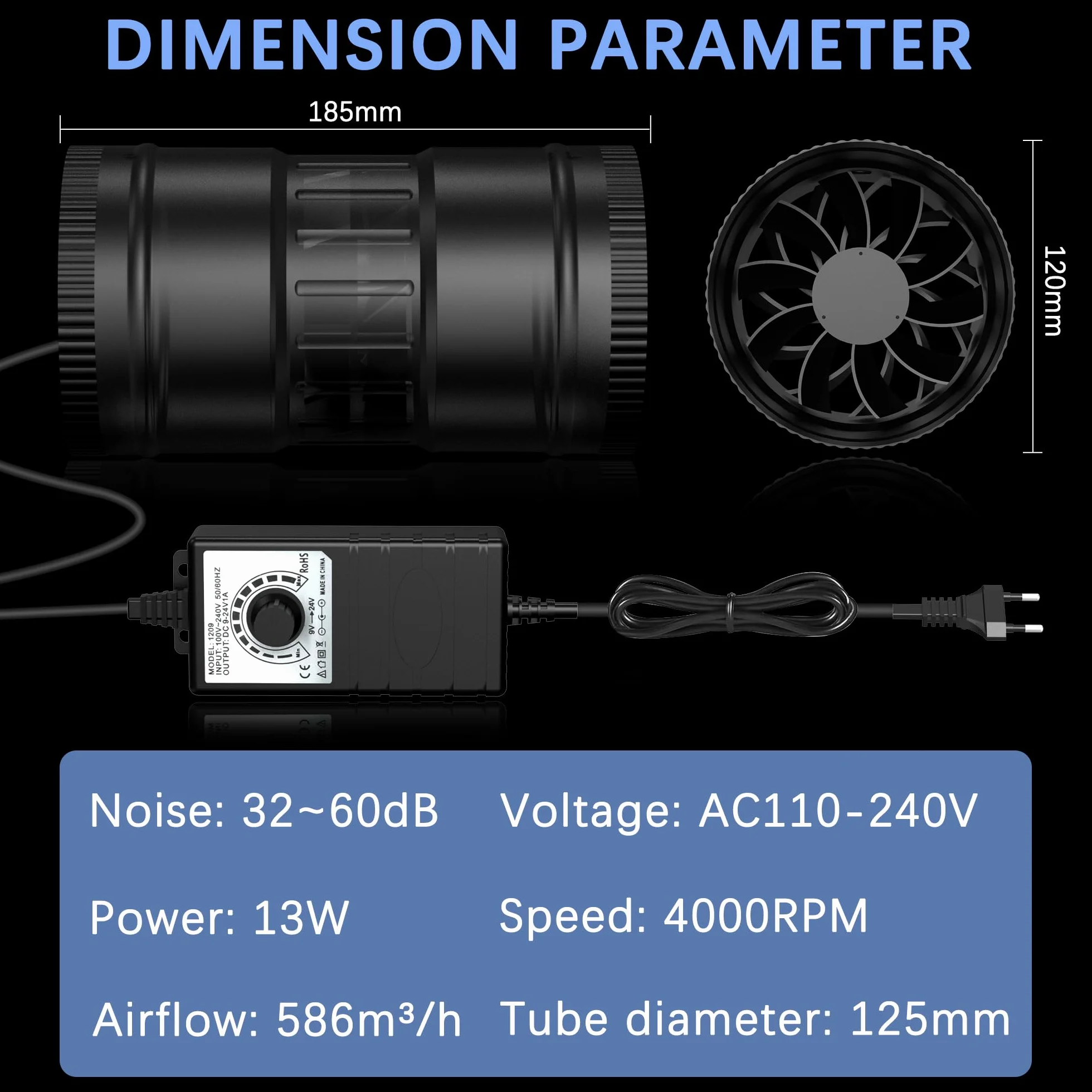 Extractor de Aire 125mm 586m³/h con Regulador y Enchufe para Conducto