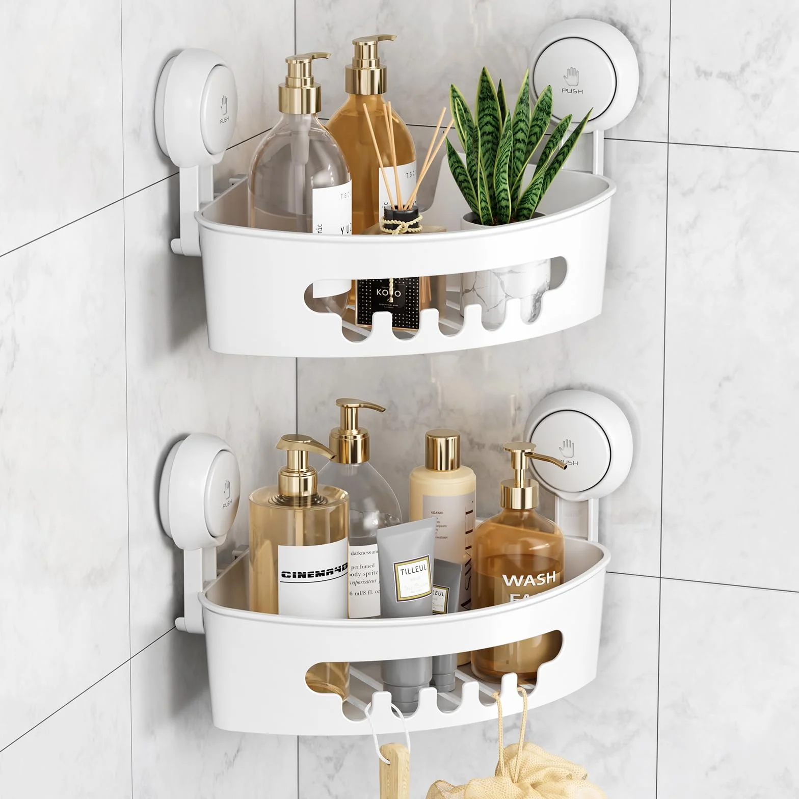 LEVERLOC Ventosas de Vacío Estantería de Ducha sin Taladrar Estantería de Esquina para Baño y Cocina Extraíble MAX Hold 10KG Estanteria Baño Ducha Rinconera Impermeable Estante Ducha, 2 Unidades
