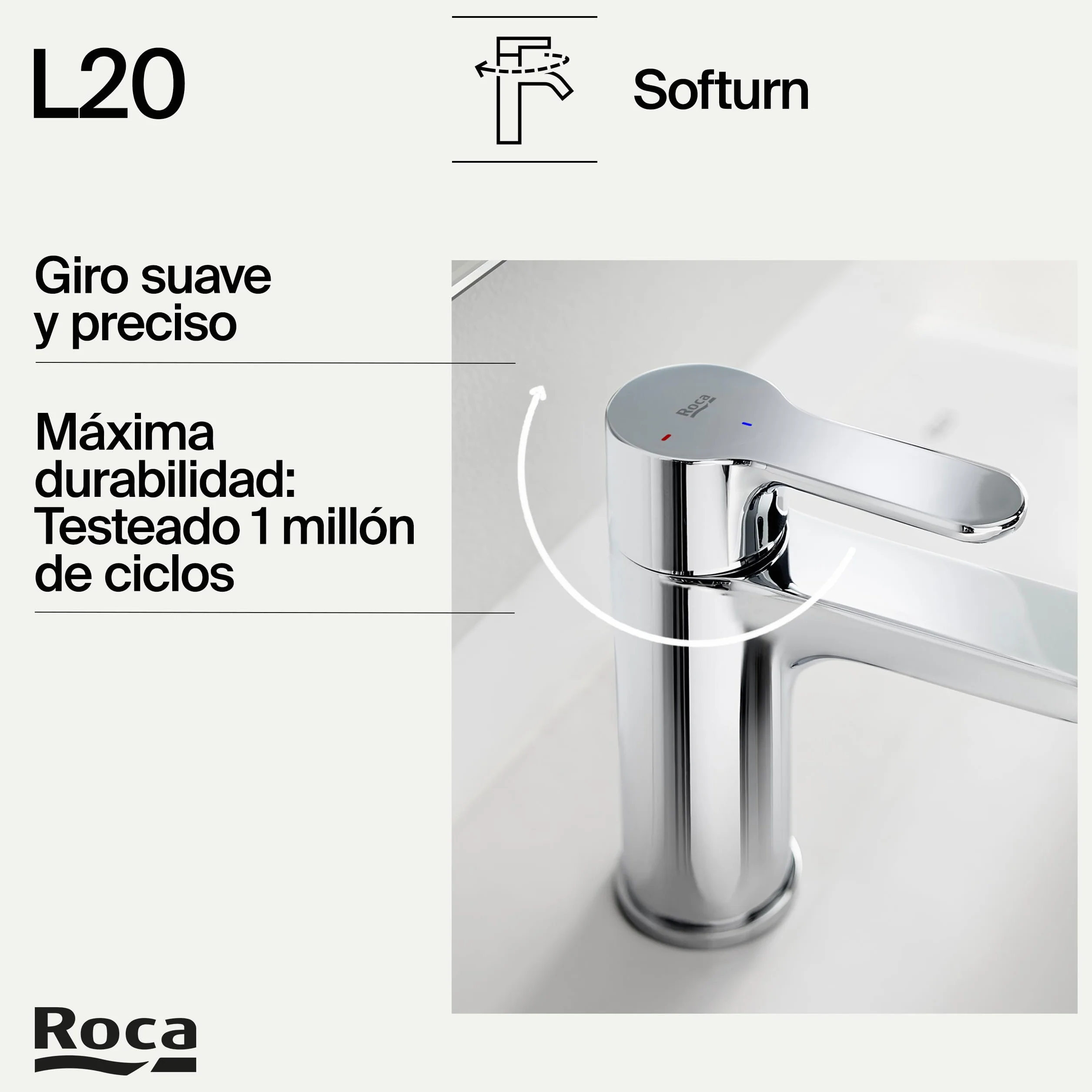 Roca L20 Grifería para lavabo con tecnología Cold Start, grifo monomando de repisa con enlaces de alimentación flexibles, mezclador para cuarto de baño de fácil instalación, cromado, A5A3K09C00