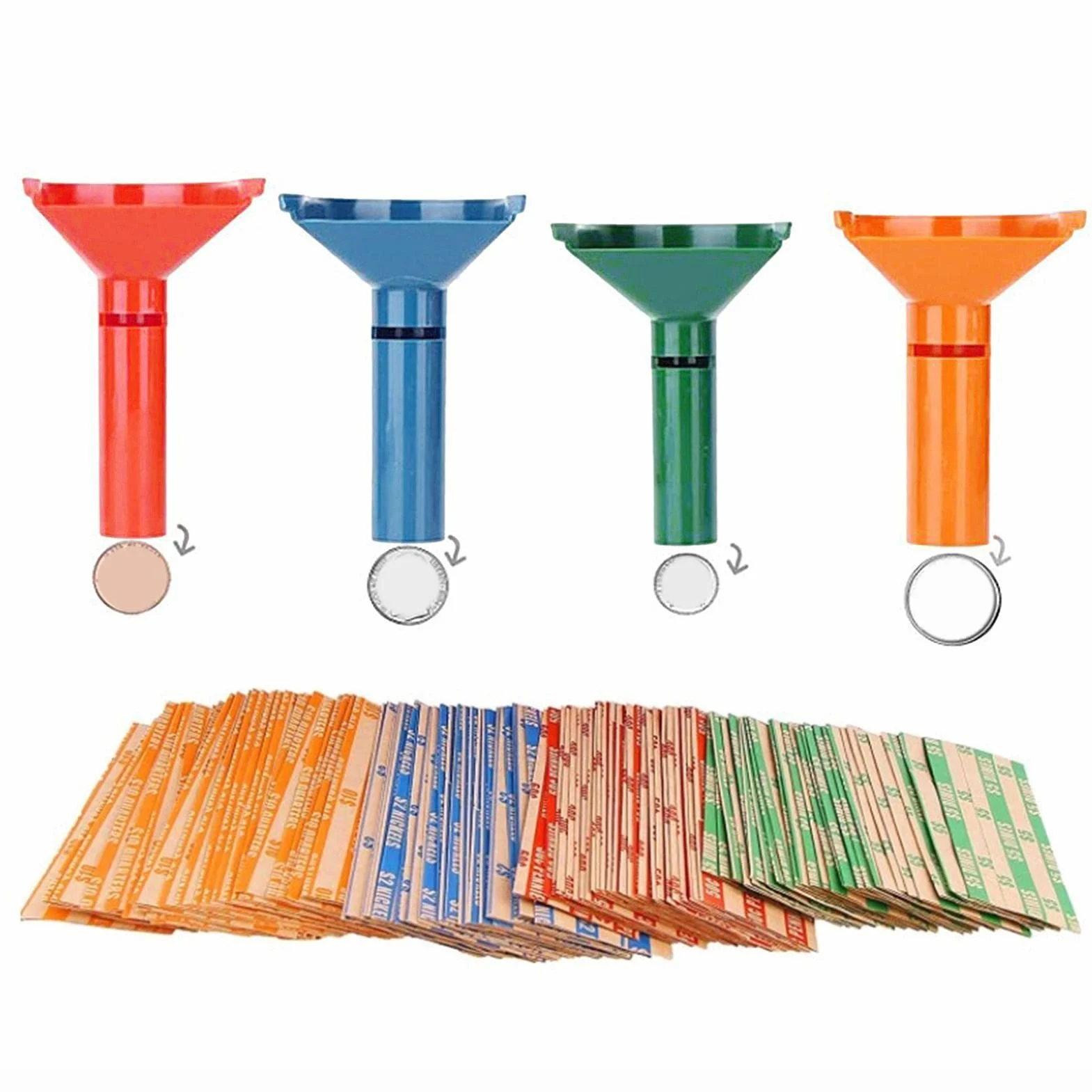 Easy Wrap Tubos para Monedas - Contador y Envoltorios para Rollos Monedas - 4 Tubos y Envolturas Surtidas para Níquel, Diez Centavos, Centavos, Cuarto