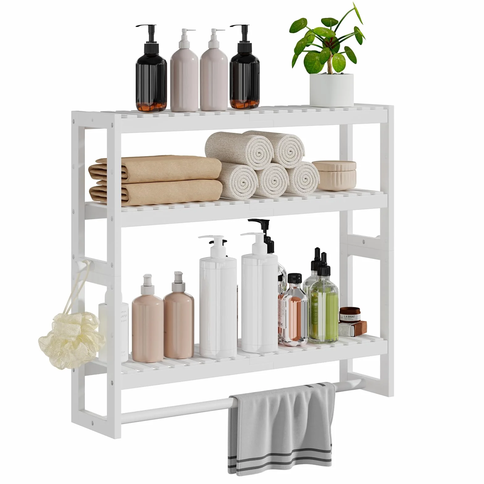 RRX Organizador de almacenamiento de estante de baño, 15 cm de profundidad x 60 cm de ancho x 53,8 cm de alto, organizador de cocina flotante de bambú de 3 niveles ajustable con barra, unidades de