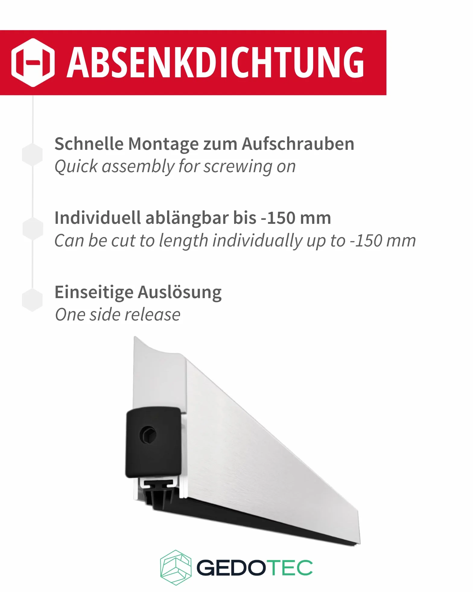 Gedotec Burlete automático bajo Puerta - Plata | 1 Pieza Junta automática 13 x 39 mm | Applique | Longitud 830 mm - Recortable | Junta retráctil para Puertas | Cortavientos