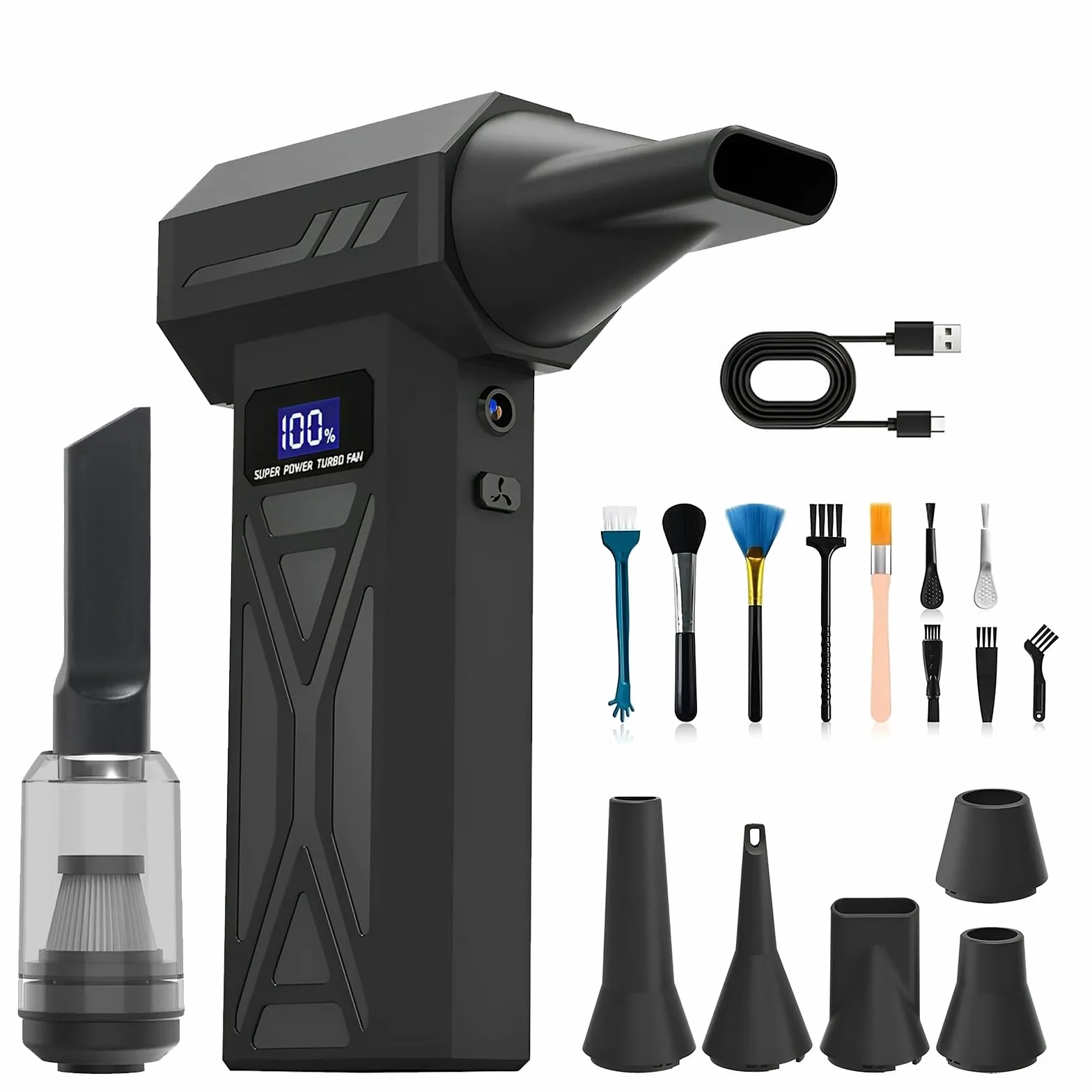 Aspirador eléctrico 2 en 1, 150.000 rpm, 4 velocidades, ajustable, aire comprimido, con pantalla digital, para ordenador, teclado, casa, exterior, coche, kit de limpieza