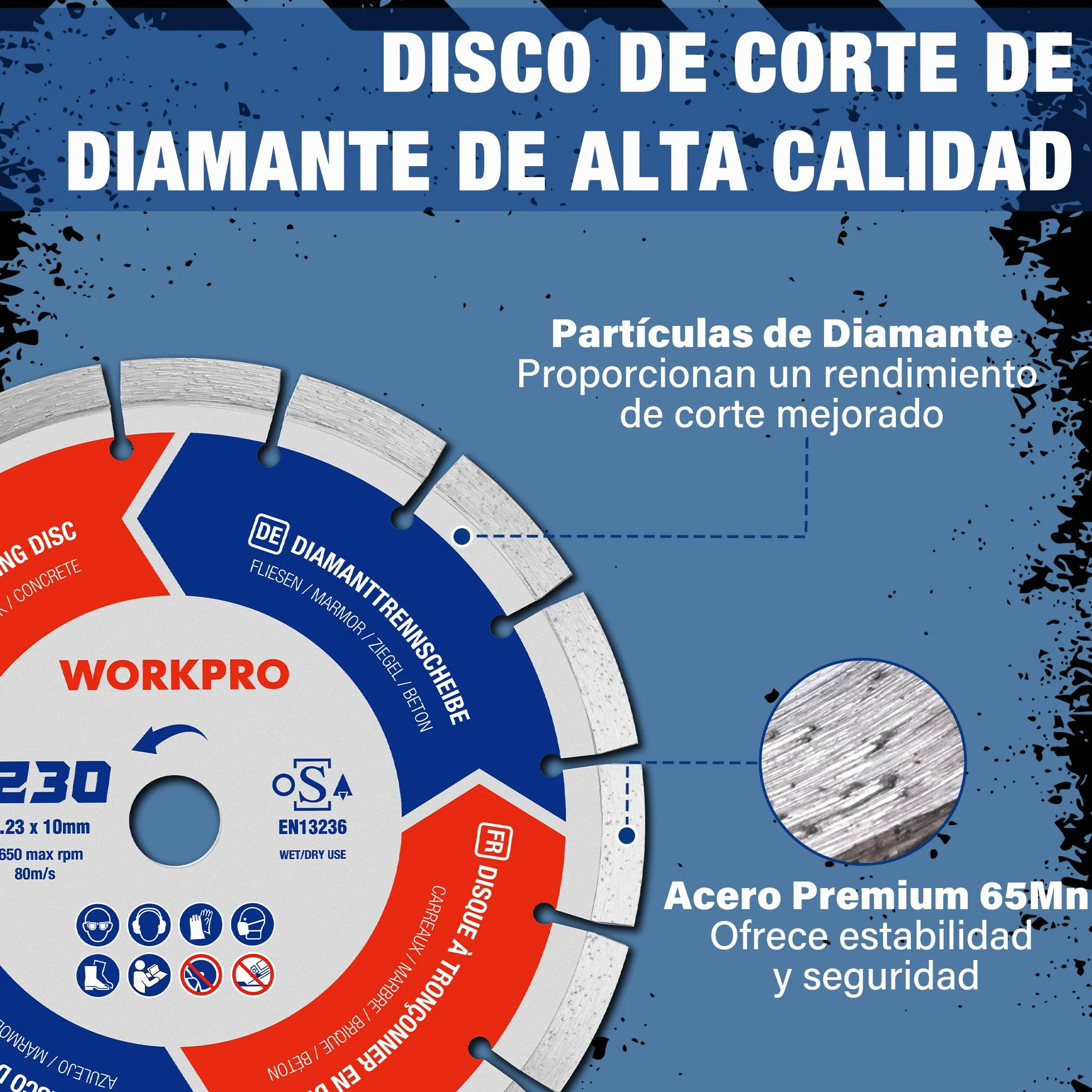 WORKPRO Disco de Diamante 230mm, 2 piezas Discos Diamantado, Sierra de Diamante para Corte en Seco y Húmedo para Hormigón, Ladrillo, Mármol, Alta Durabilidad, Máx. 6650 RPM
