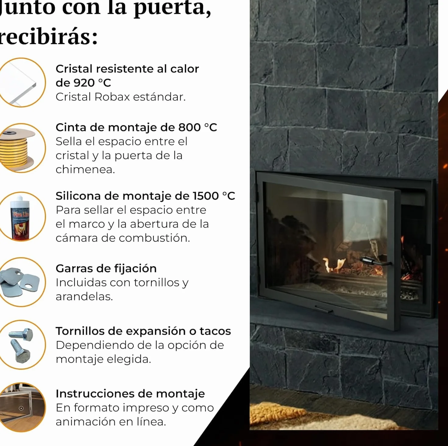 Puerta de Horno de Chimenea con Cristal para hornos de Pizza y Acero para Caldera. Apertura: Izquierda | Tirador a la Derecha. Ventana Grande. (70x52)