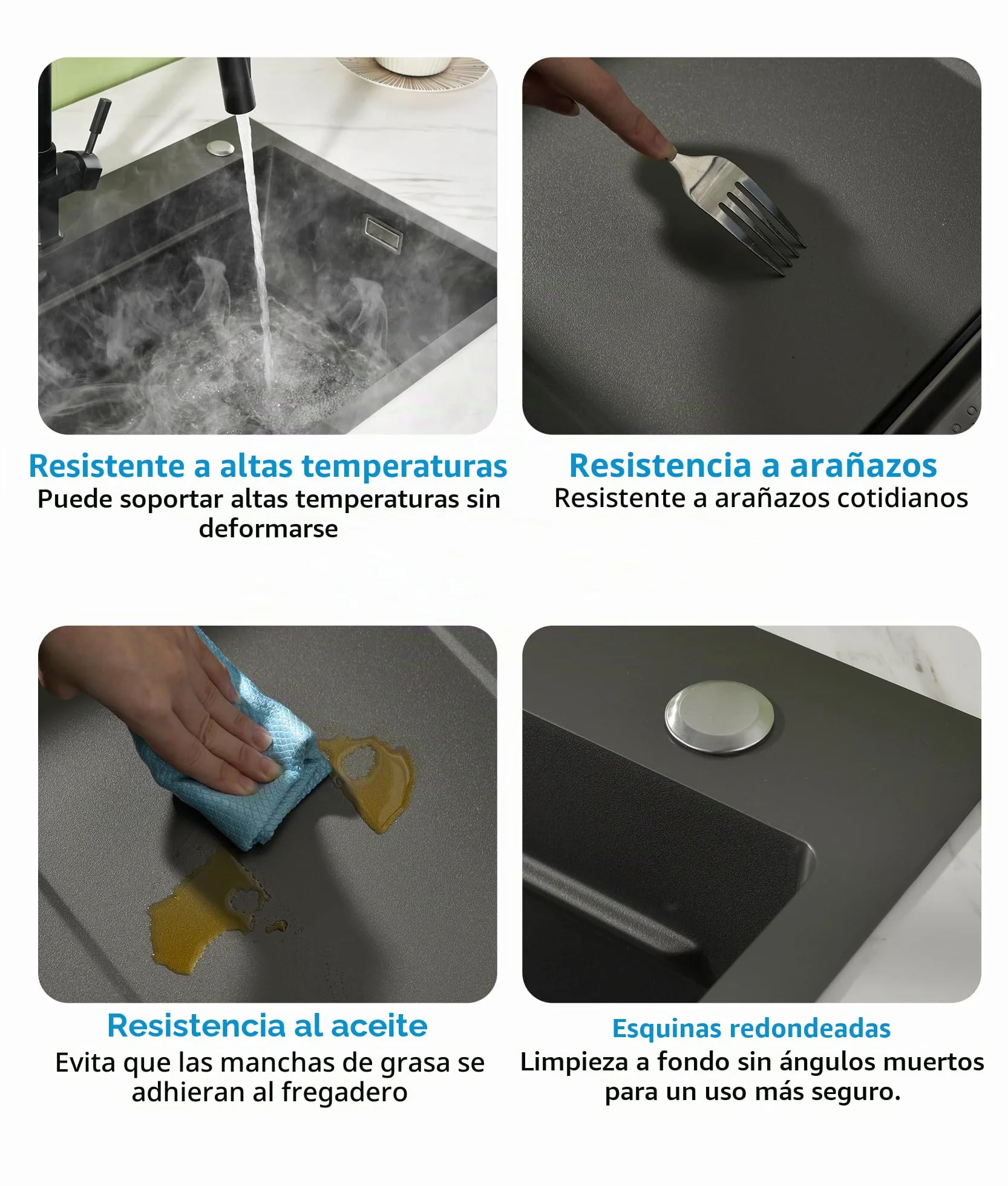 Fregadero Cocina Negro Acero Inoxidable 70×45cm,Fregadero Cocina 1 Seno,2 Orificios para Grifo,Kit Completo con Canasta,Bandeja de descongelación,Cestade Desagüe,Sifón