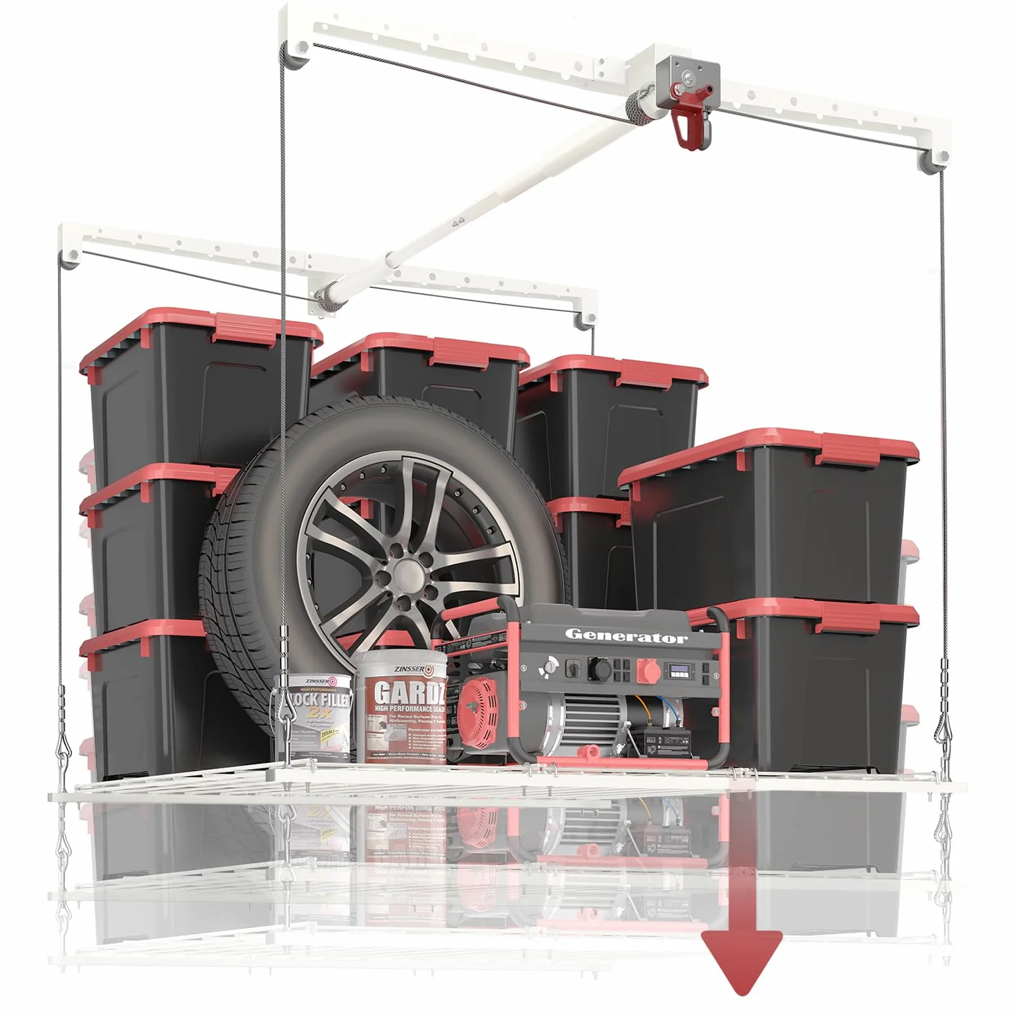 Elevador de almacenamiento de techo de 4 x 4 pies, sistema de almacenamiento de garaje montado de alta resistencia, capacidad de 250 libras (blanco)