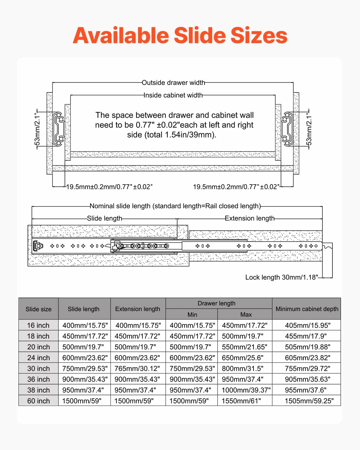 VEVOR 1 Par de Correderas para Cajones de Extensión Completa, Capacidad Carga 113,4 kg, Rodamiento de Bolas con Riel Deslizante para Cajones de Montaje Lateral con Bloqueo, 1500 x 53 x 19,5 mm