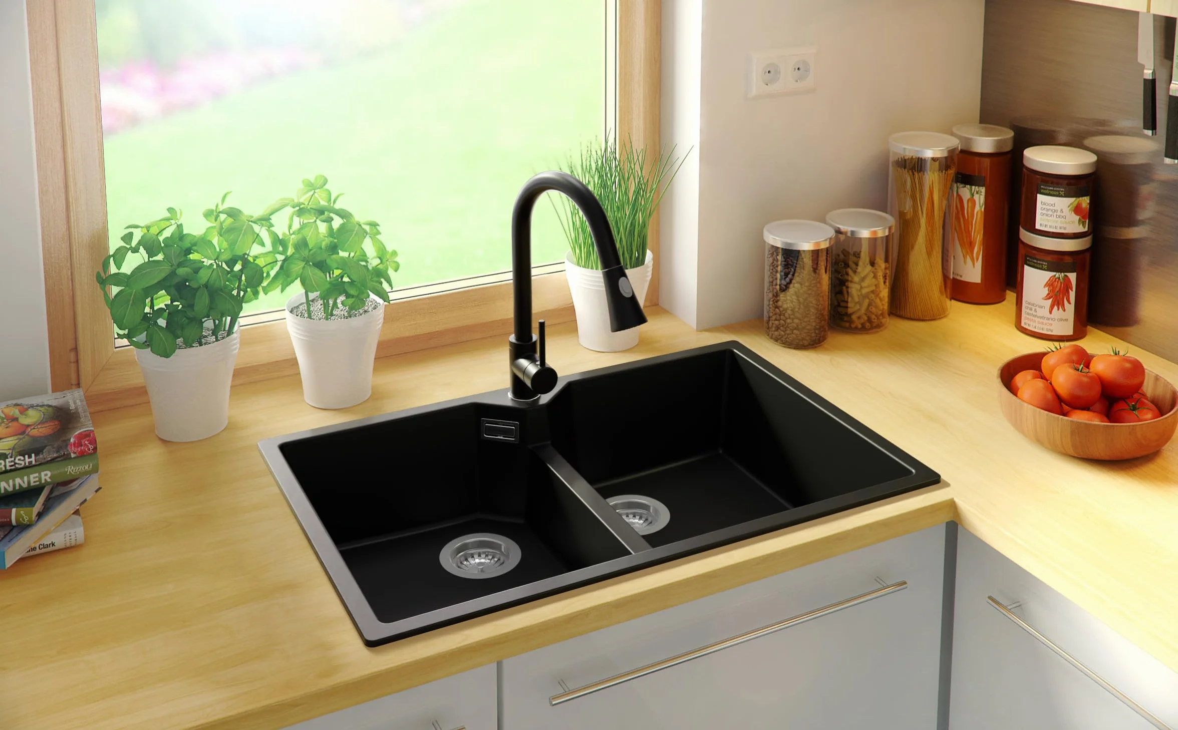 PRIMAGRAN Fregadero Cocina Negro 78x50cm, Granito 2 Senos + Sifón, Sobre Encimera al Mueble 80cm - Madrid Twin S001