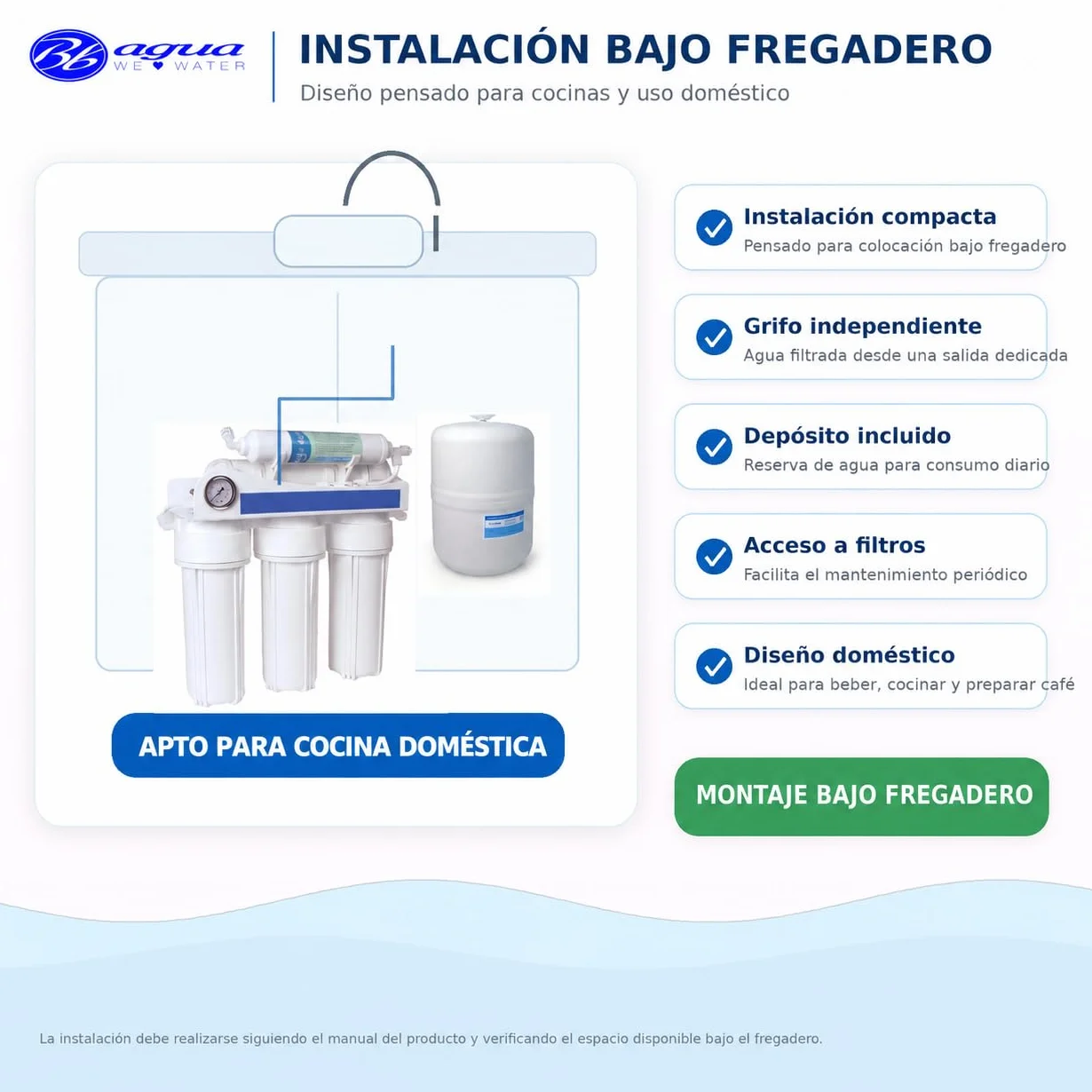 Bbagua EUR-50 – Equipo de Ósmosis Inversa 5 Etapas para Casa | Reduce Cal, Cloro y Sales | Agua Purificada de Baja Mineralización | Sistema Bajo Fregadero con Filtros y Membrana
