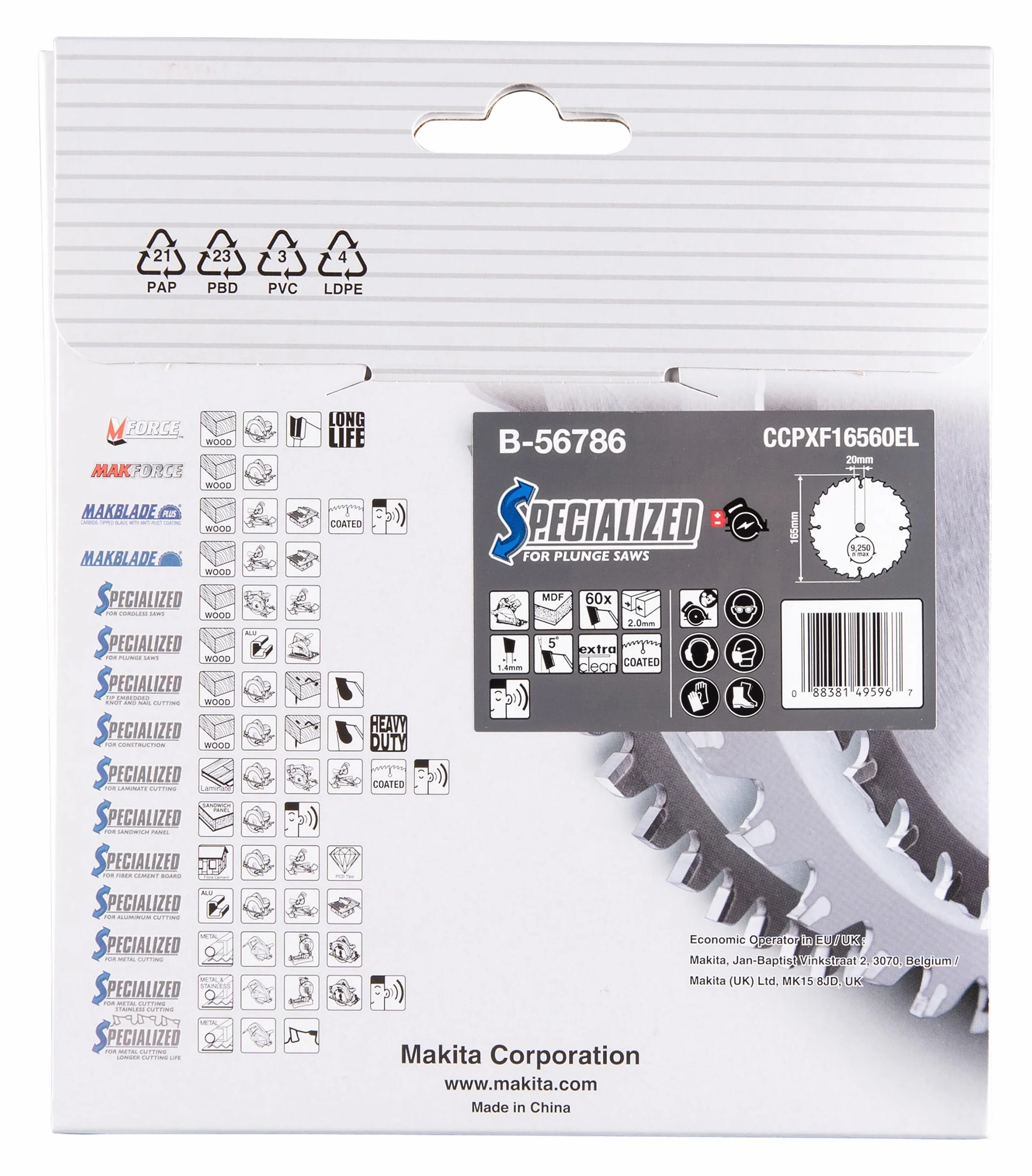 Makita B de 56786 Hoja de sierra Specialized, 60 dientes, 1 V, 165 x 20 mm