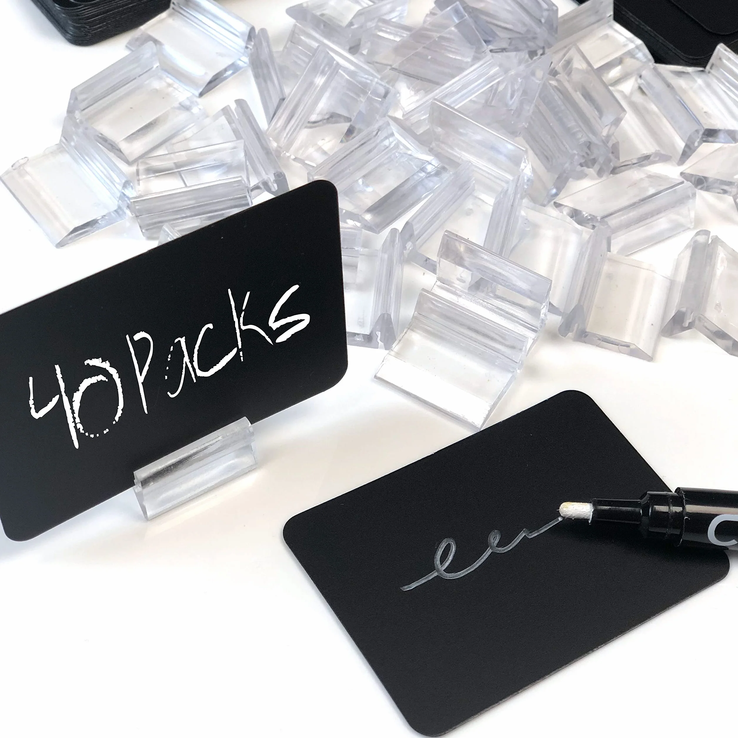 Pack de 40 Pizarras Sintéticas Reutilizables con Bases de 25mm y Rotulador Tiza Líquida, Porta Precios Transparente