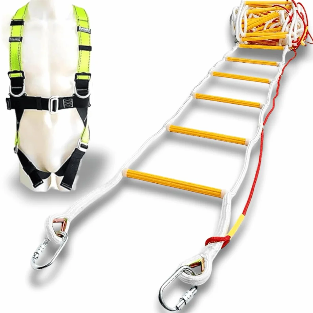ISOP Escalera de Emergencia contra Incendios 3 Pisos Casas - única Resistente a Las Llamas de 10 Metros con Mosquetones | Escalera de Cuerda 10m con Cable de Seguridad y Arnés - Certificado